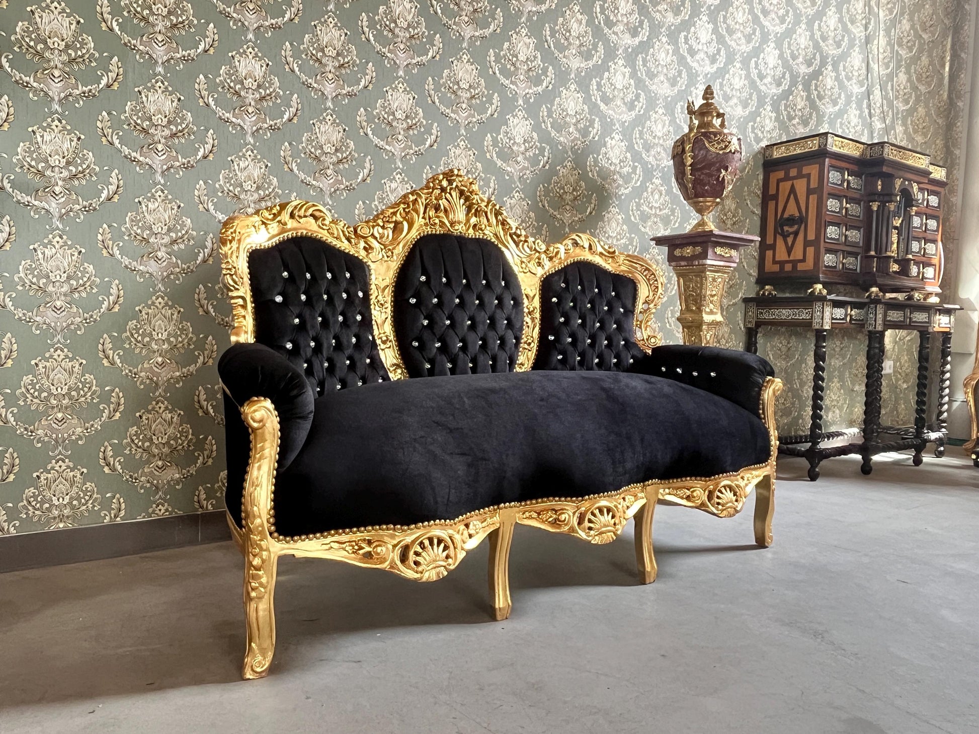 Louis XV Sofa Set in Black Velvet & Gold Finish Couch Set with Coffee Table Baroque Rococo Style for Home Decor or Commercial Display