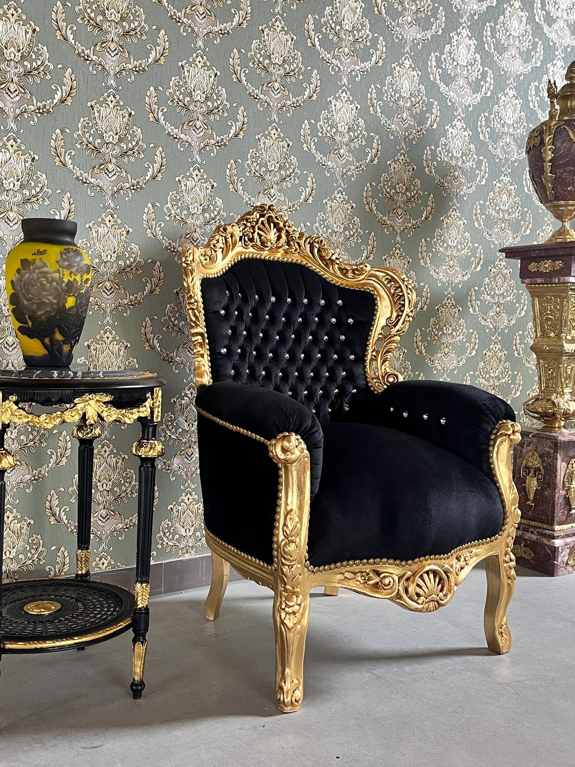 Louis XV Sofa Set in Black Velvet & Gold Finish Couch Set with Coffee Table Baroque Rococo Style for Home Decor or Commercial Display