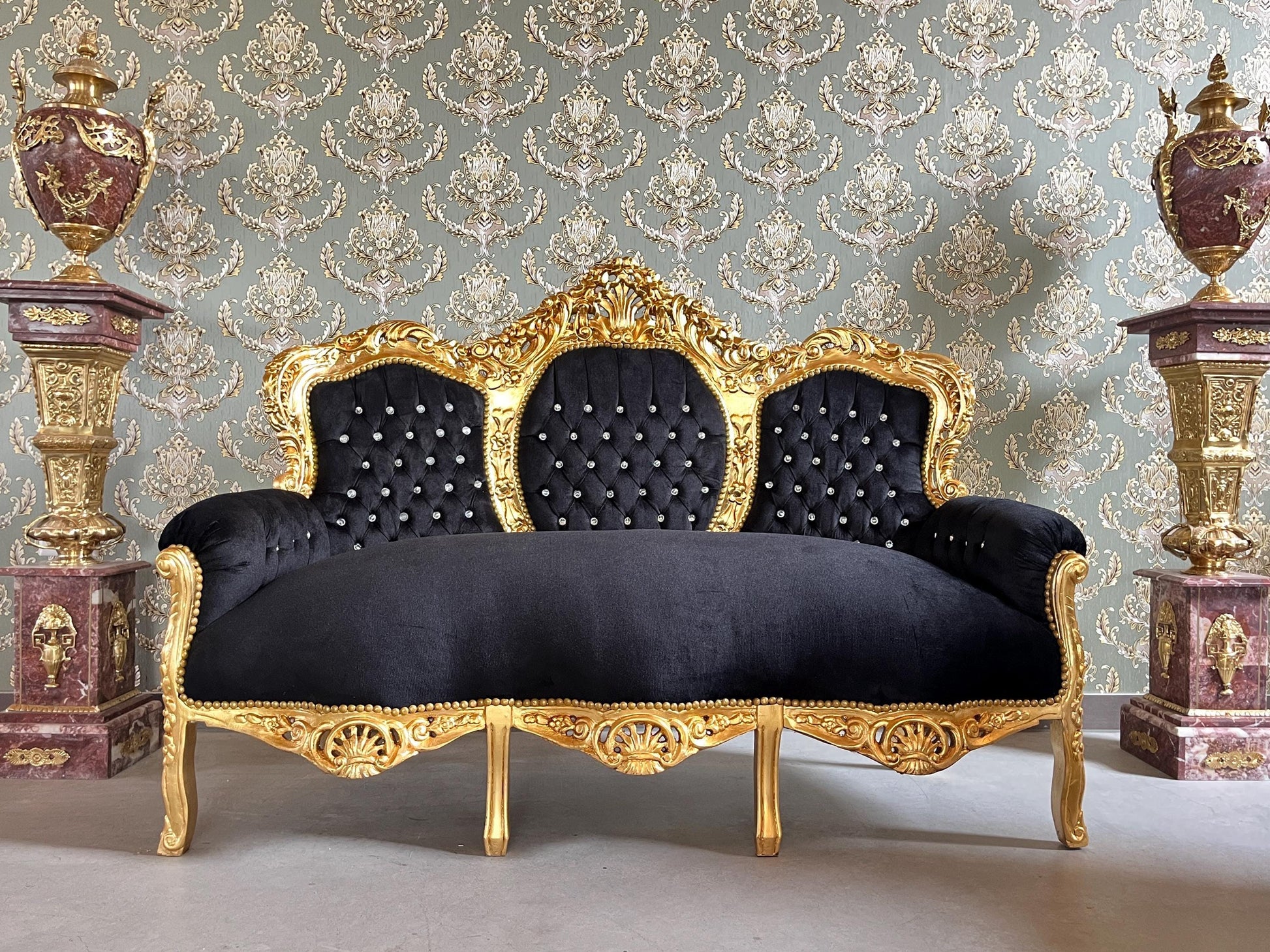 Louis XV Sofa Set in Black Velvet & Gold Finish Couch Set with Coffee Table Baroque Rococo Style for Home Decor or Commercial Display