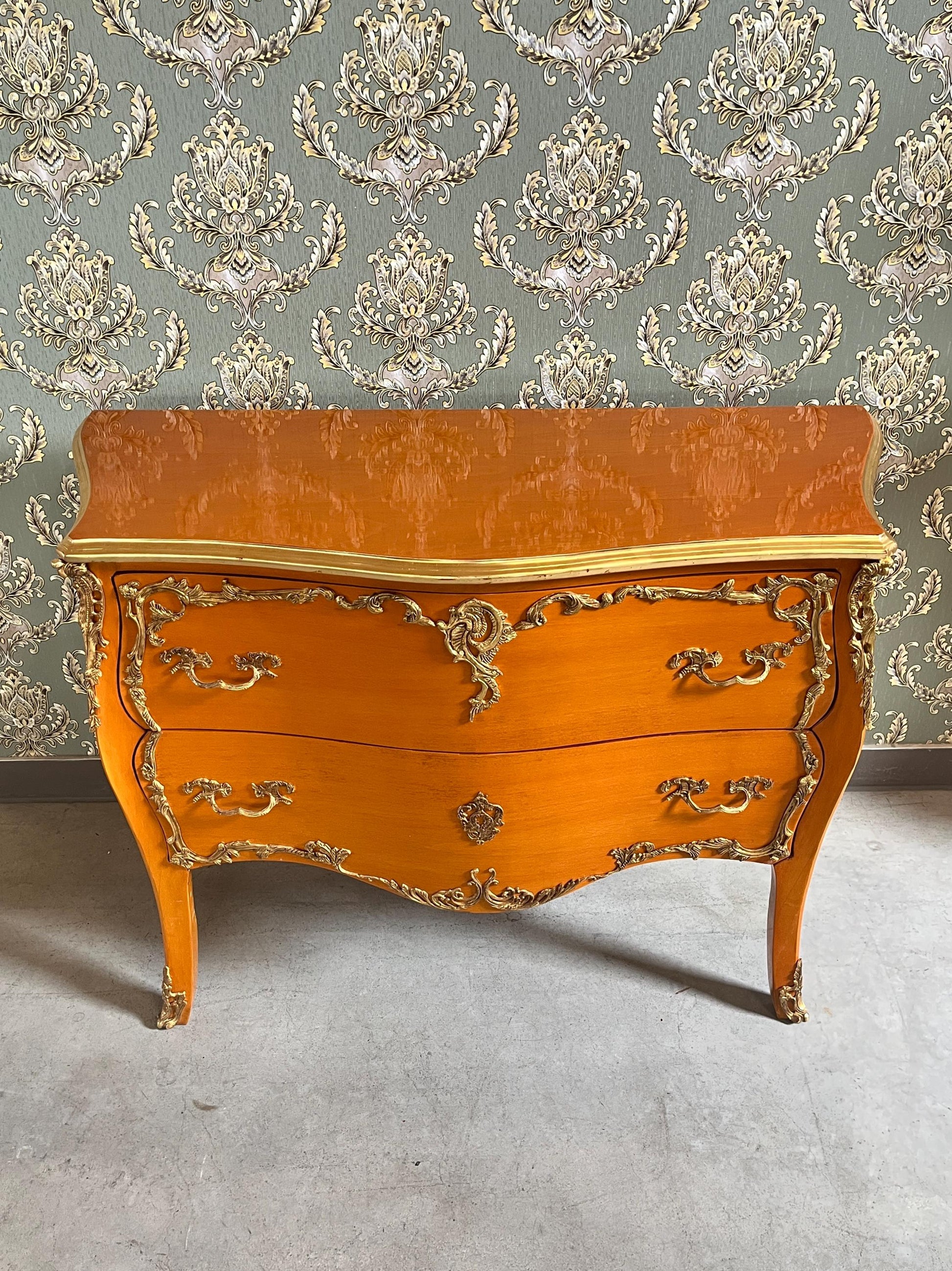Chest of Drawer Louis XV Dresser in Wooden Brown Chest of Drawer Yellow Retro Baroque Style with Brass Ornaments for Stylish Bedroom Decor