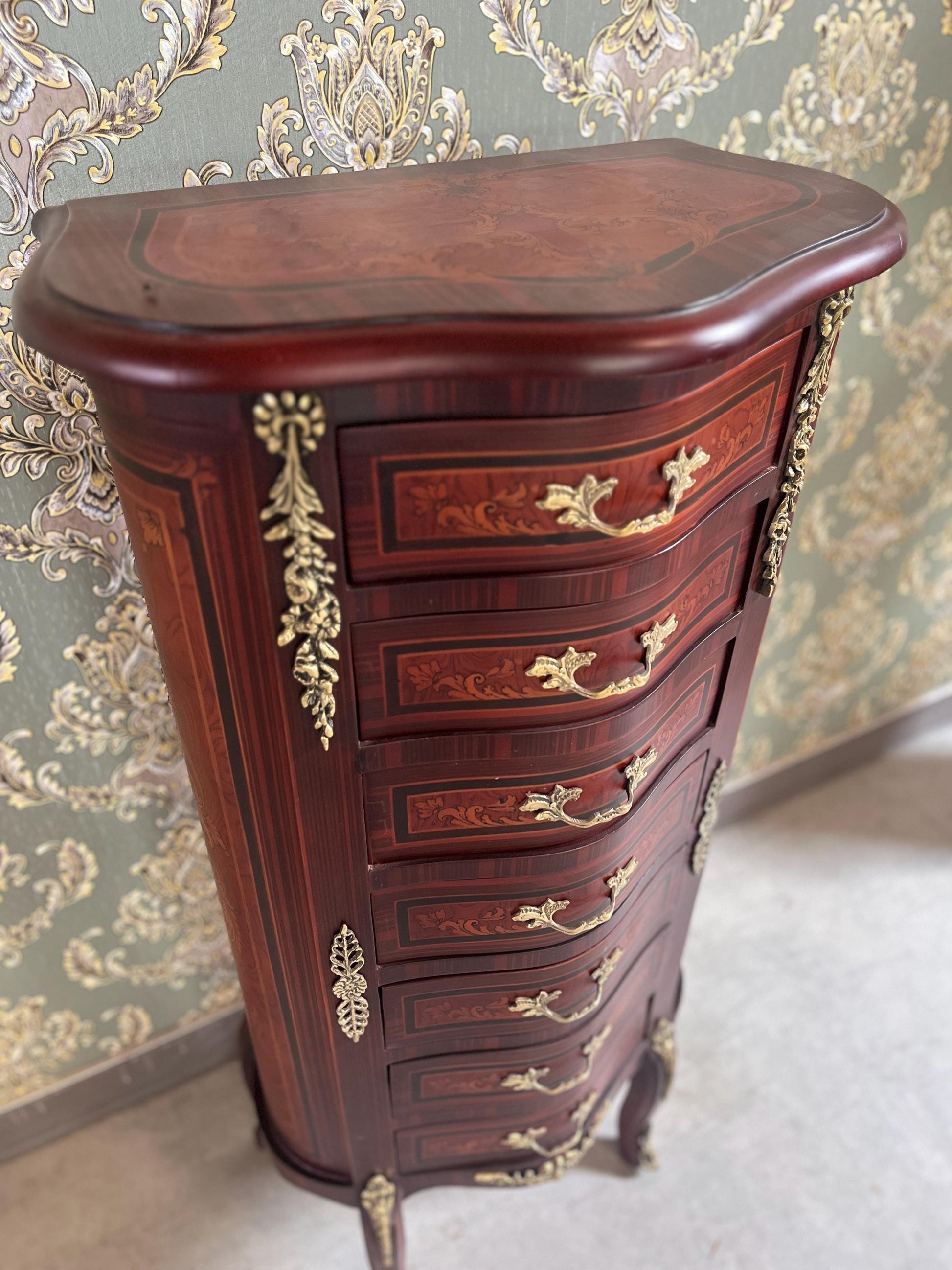 Baroque Style Tall Chest of Drawers: Retro French Inlaid Wood Cabinet