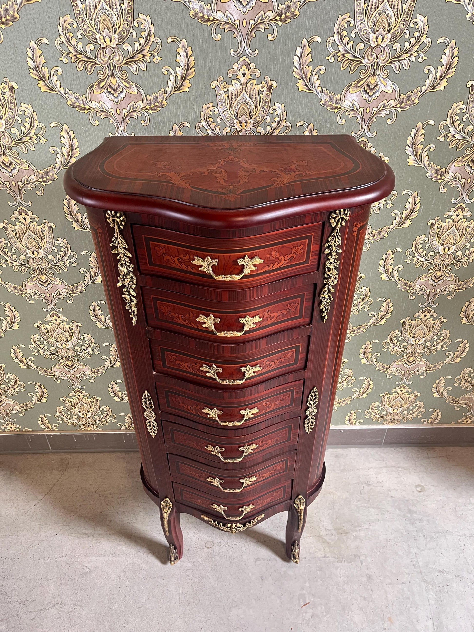 Baroque Style Tall Chest of Drawers: Retro French Inlaid Wood Cabinet