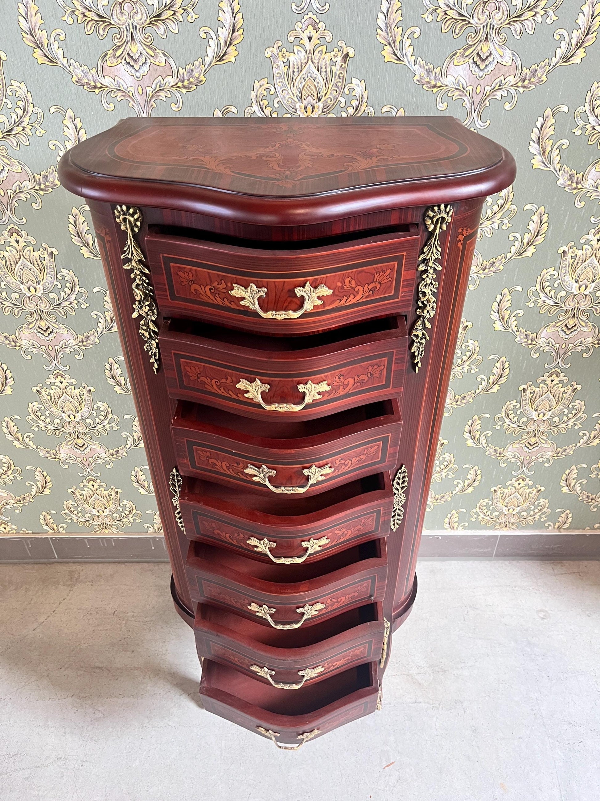 Baroque Style Tall Chest of Drawers: Retro French Inlaid Wood Cabinet