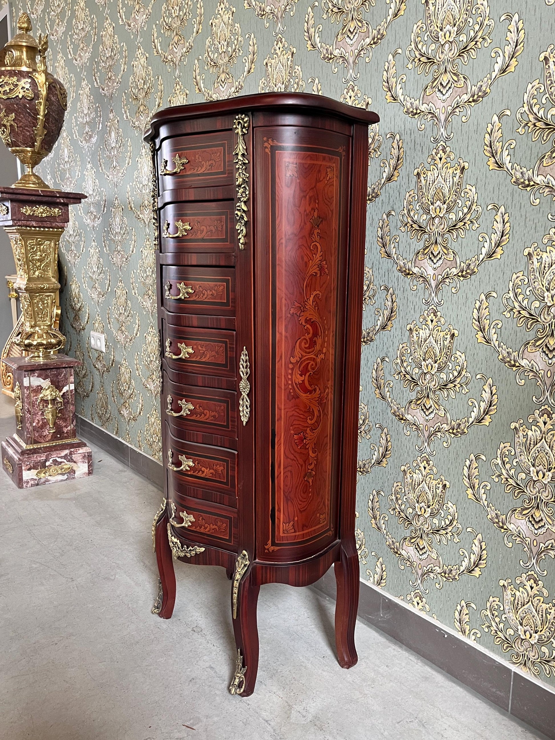 Baroque Style Tall Chest of Drawers: Retro French Inlaid Wood Cabinet