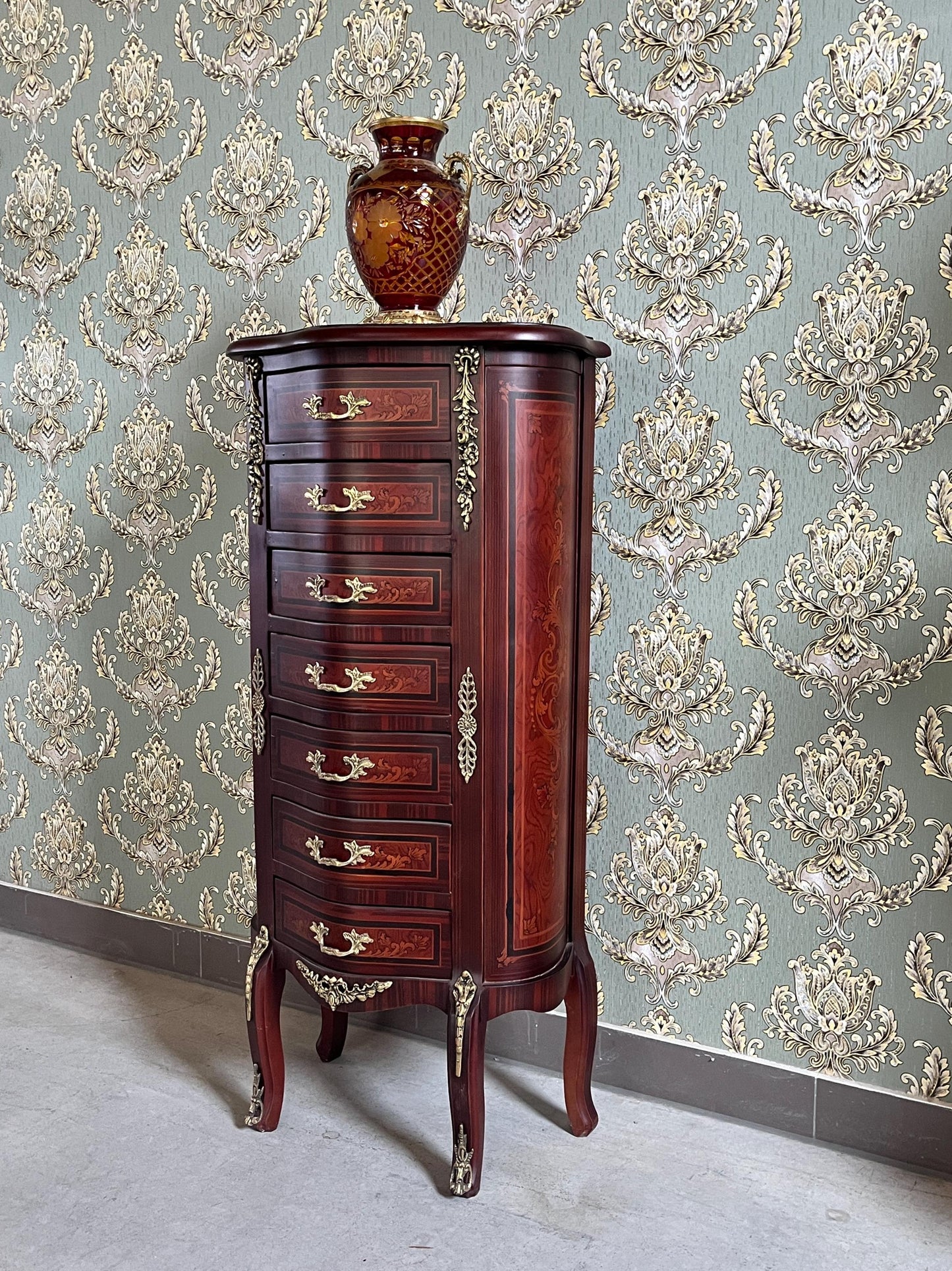 Baroque Style Tall Chest of Drawers: Retro French Inlaid Wood Cabinet