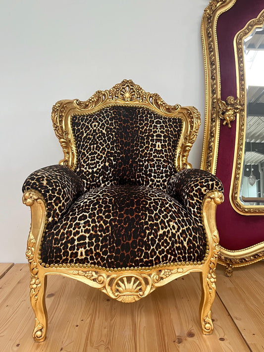 Armchair French Baroque Rococo Style Wooden Sofa Chair Antique Style in Leopard Brown for Living Room Home Decor