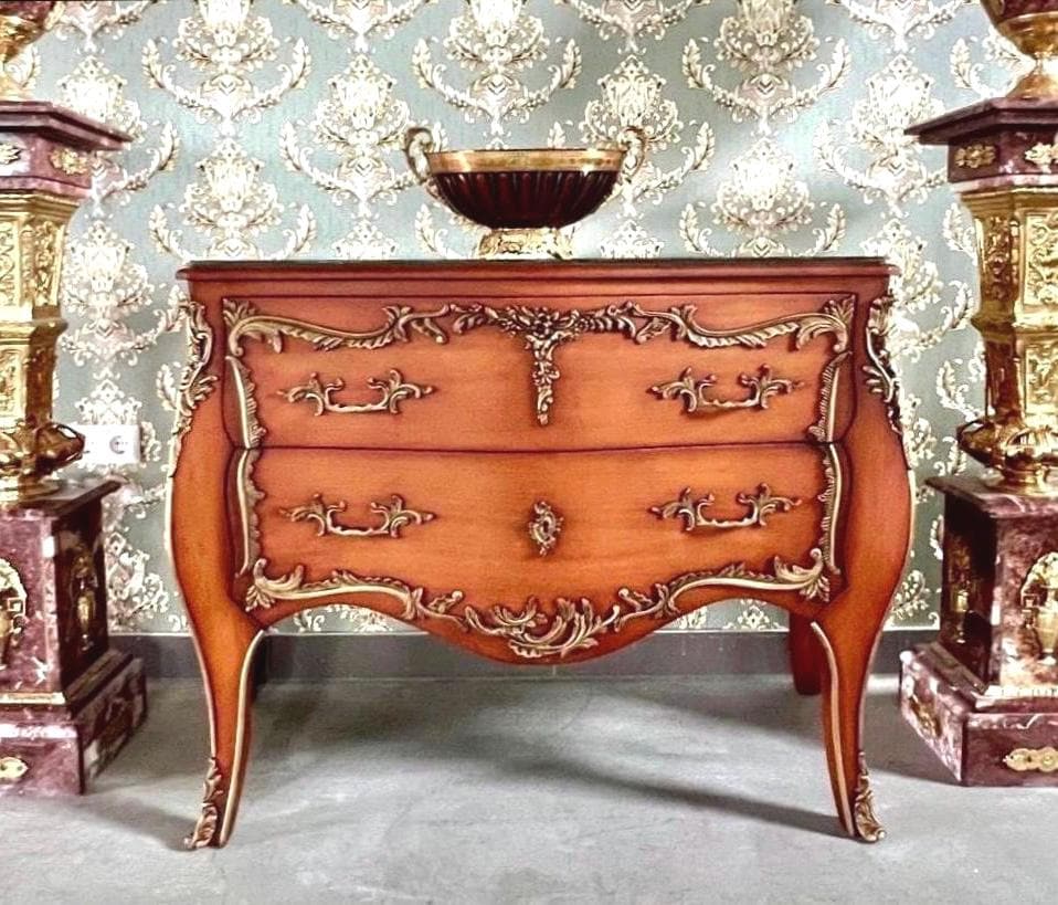 Chest of Drawer Louis XV Dresser in Wooden Brown Chest of Drawer Yellow Retro Baroque Style with Brass Ornaments for Stylish Bedroom Decor