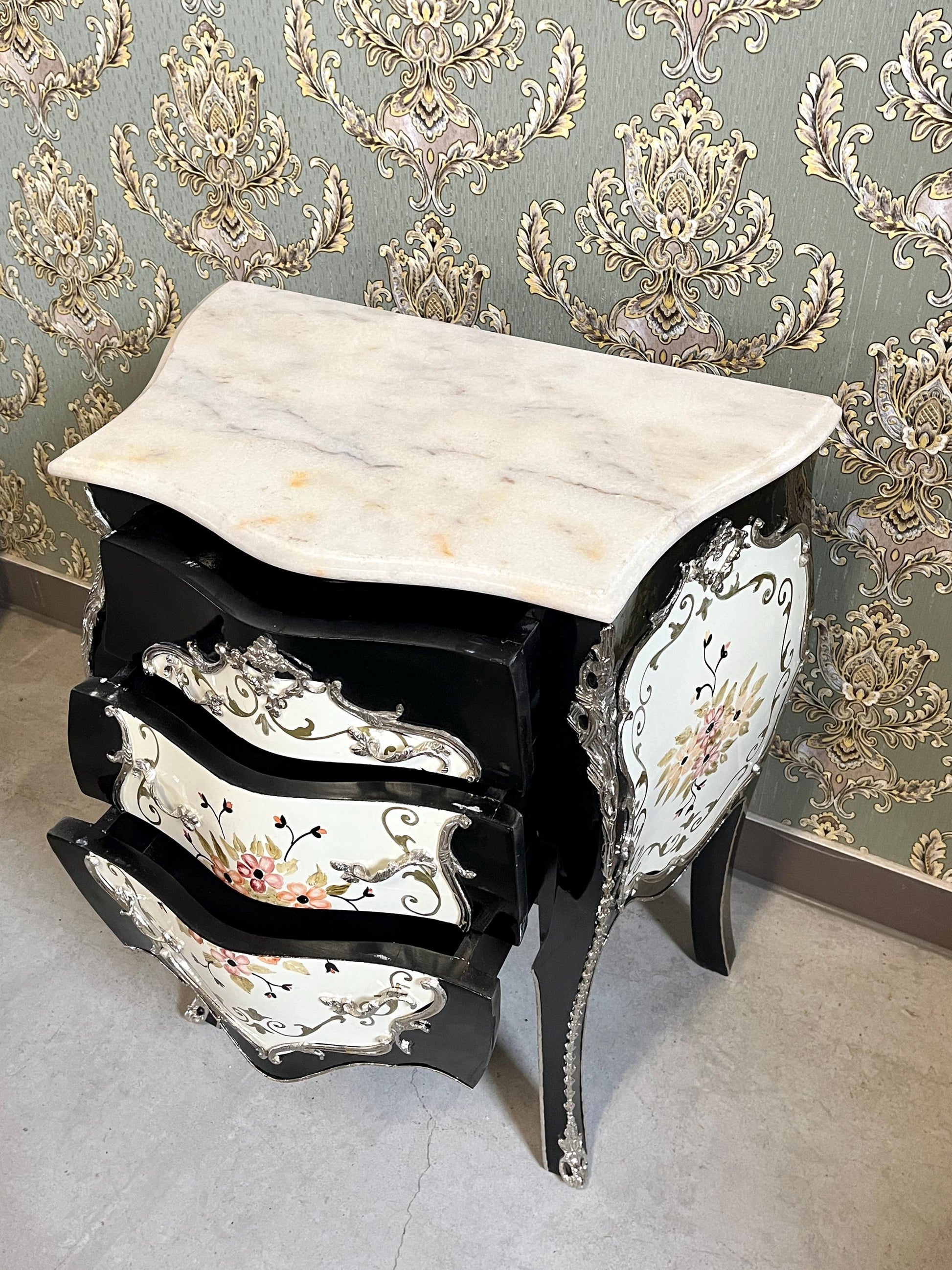 Baroque Nightstand: Hand-Painted Floral Accent, French Antique Style