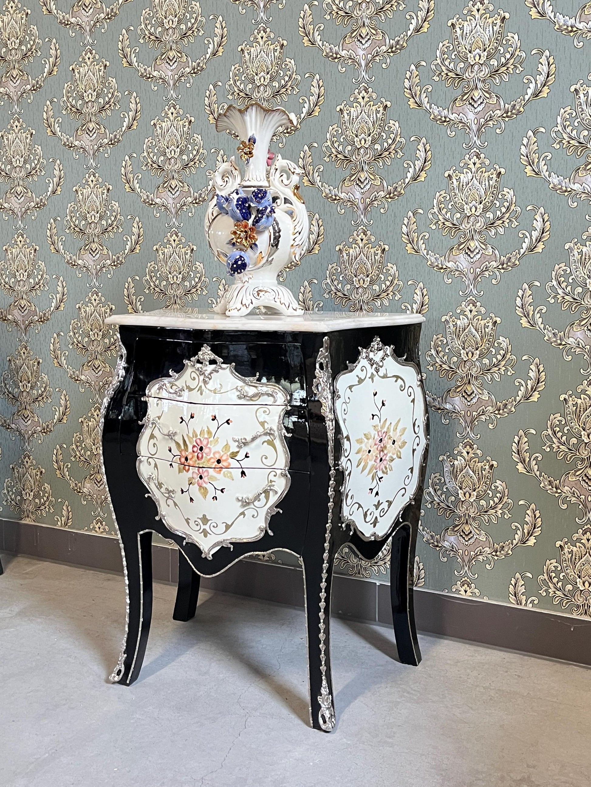 Baroque Nightstand: Hand-Painted Floral Accent, French Antique Style