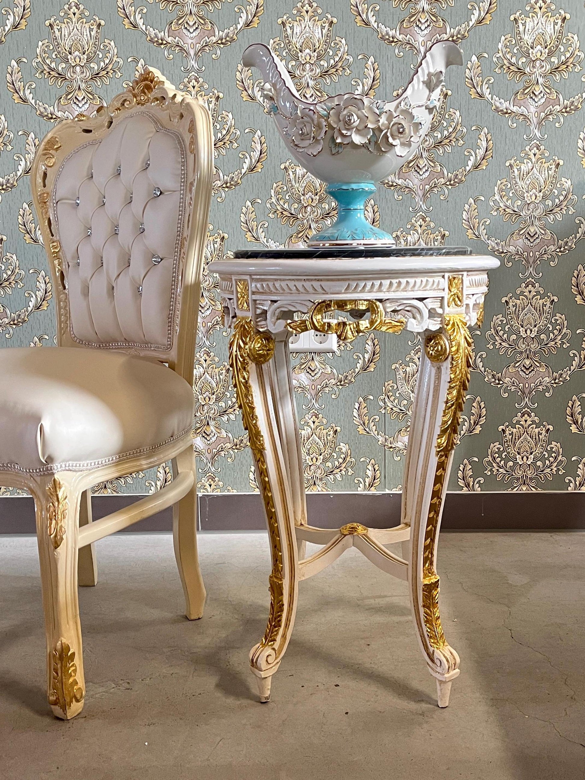 Side Table French Baroque Style with Marble Top Lamp Table Coffee Table Retro Antique Style White Finish Beige Marble for Home Decor