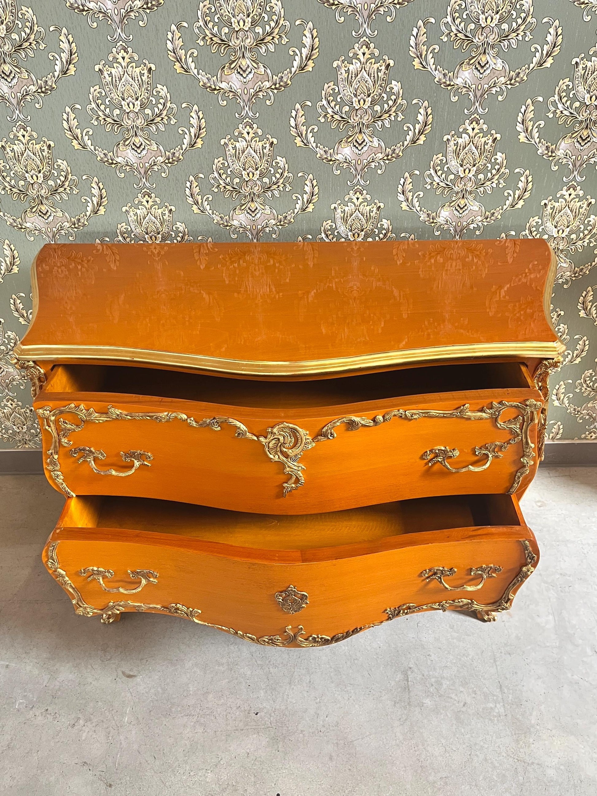 Chest of Drawer Louis XV Dresser in Wooden Brown Chest of Drawer Yellow Retro Baroque Style with Brass Ornaments for Stylish Bedroom Decor