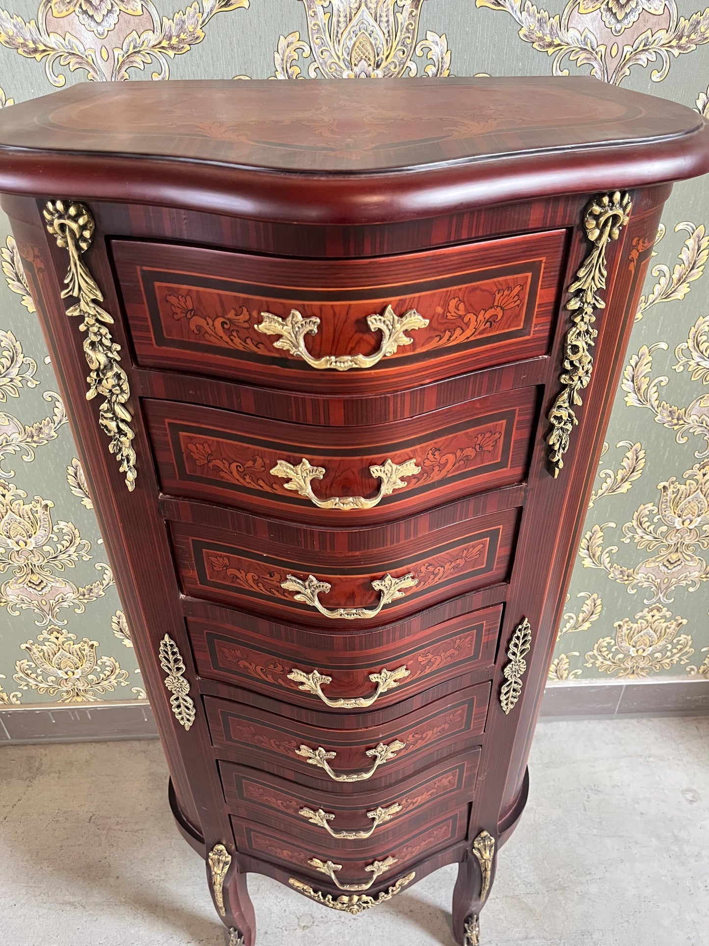 Baroque Style Tall Chest of Drawers: Retro French Inlaid Wood Cabinet