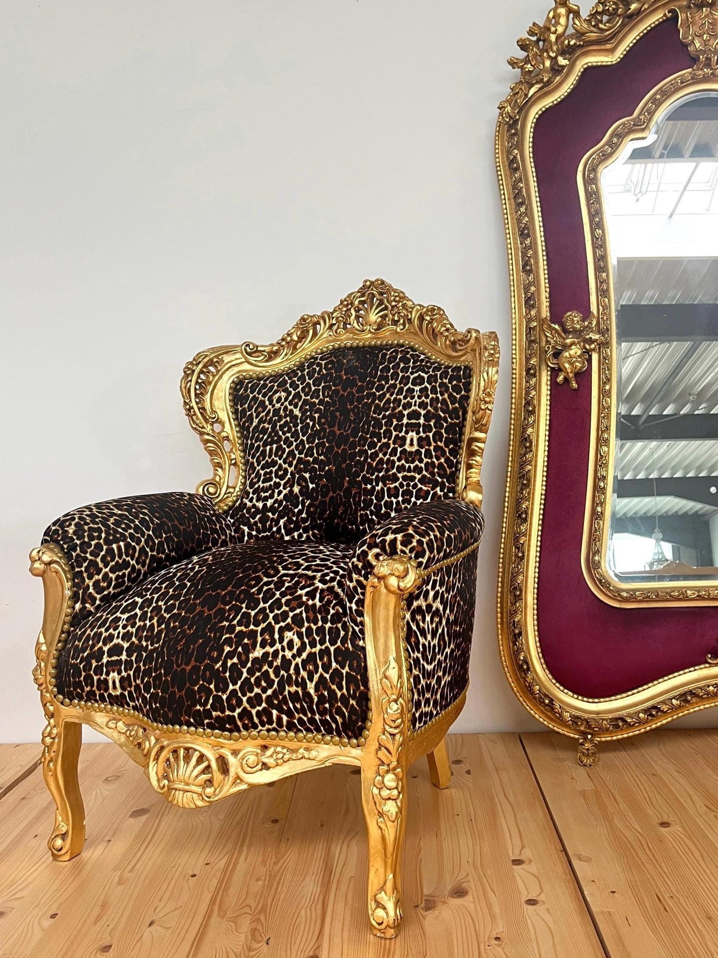 Armchair French Baroque Rococo Style Wooden Sofa Chair Antique Style in Leopard Brown for Living Room Home Decor