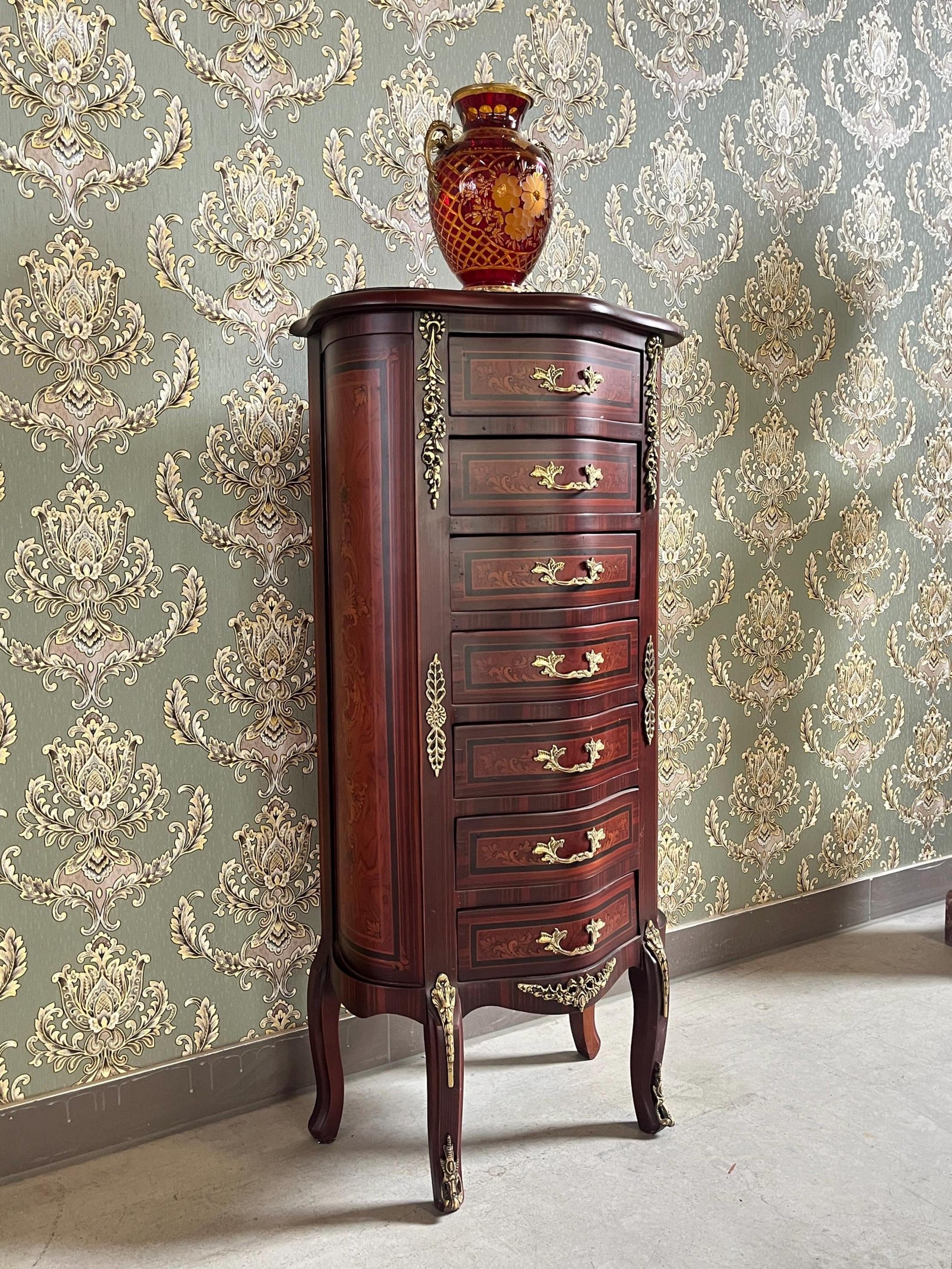 Baroque Style Tall Chest of Drawers: Retro French Inlaid Wood Cabinet