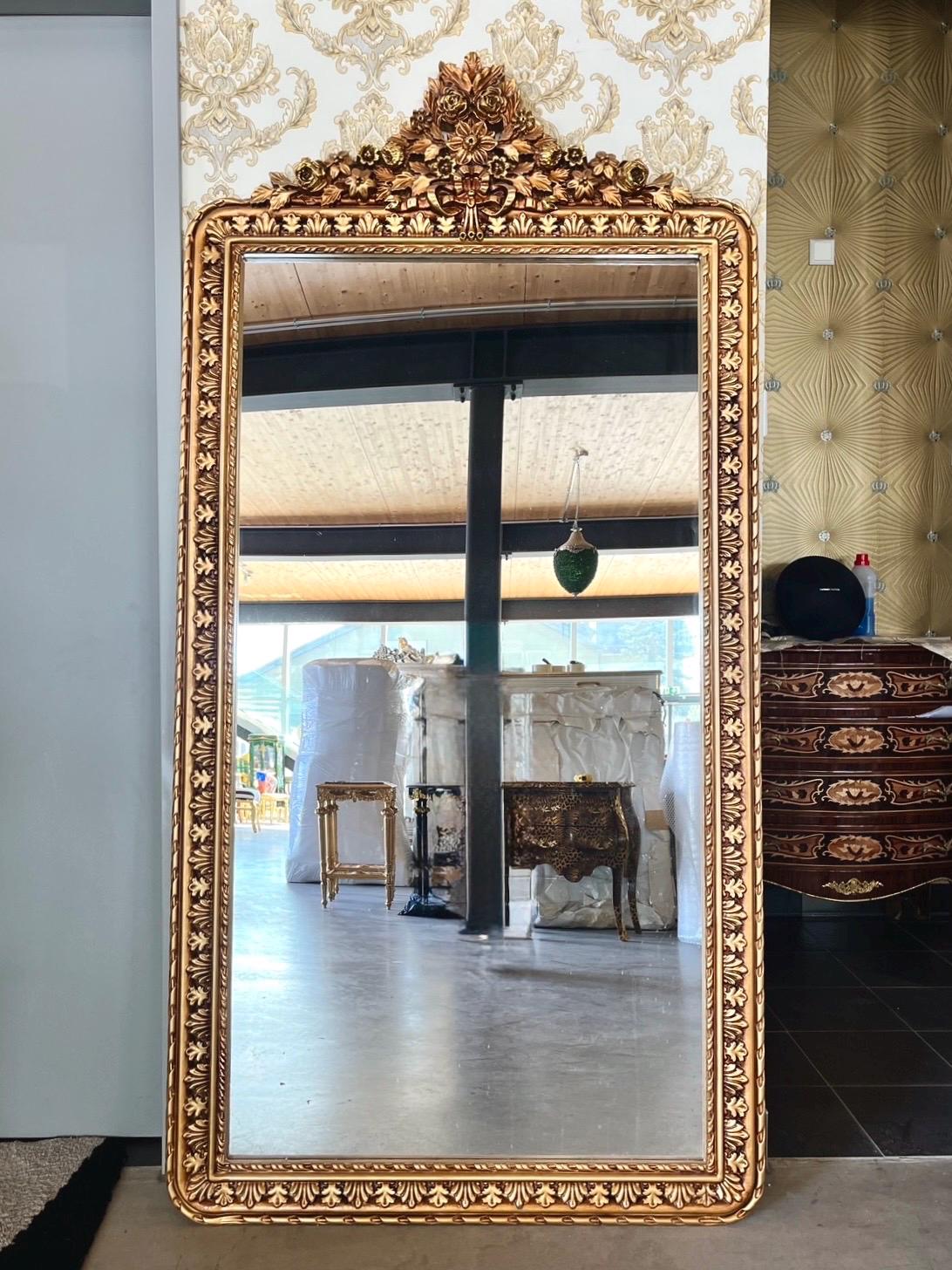 French Baroque Rococo Gold Floor Mirror: Handmade Angel & Flower Detail