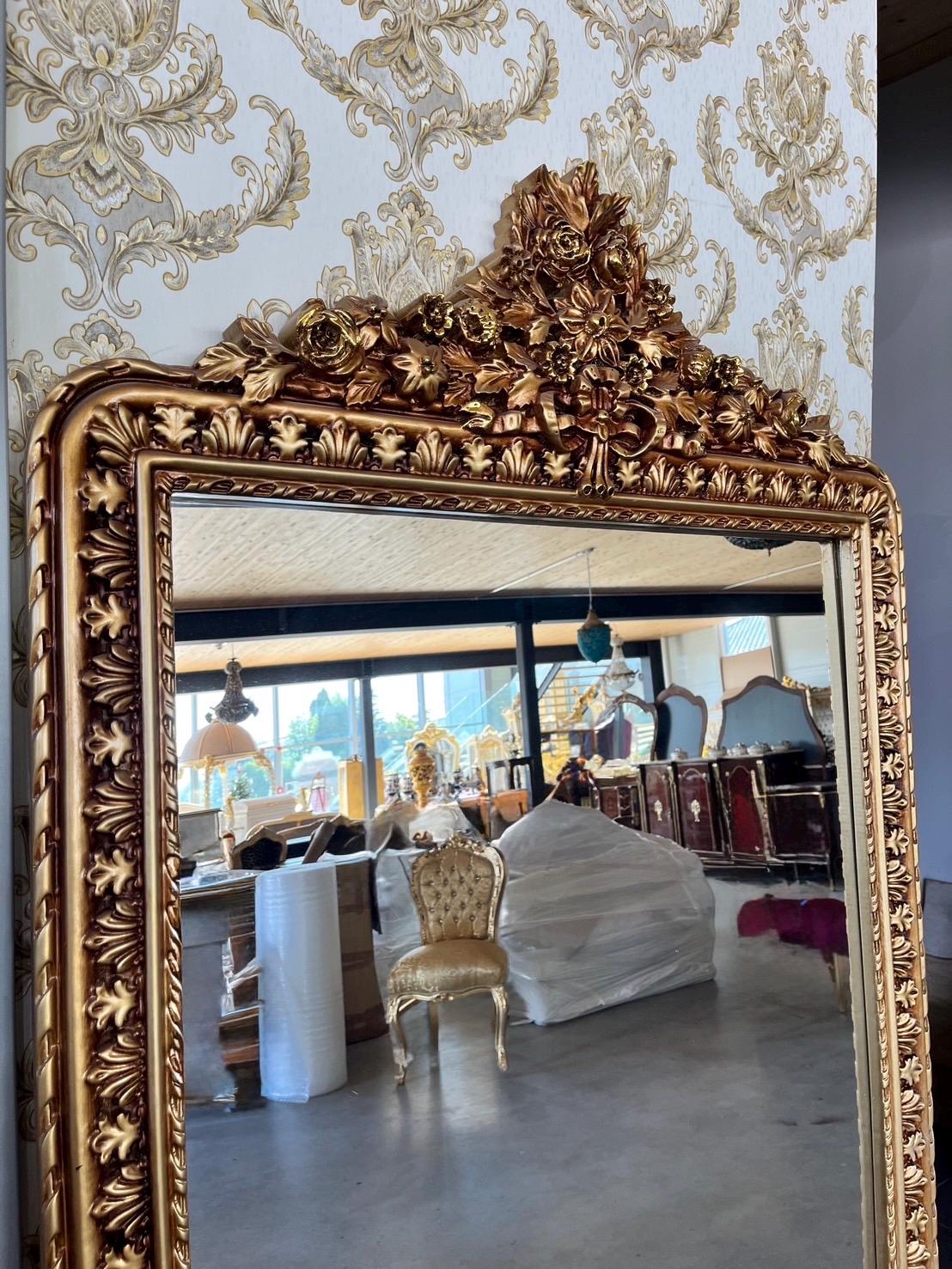 French Baroque Rococo Gold Floor Mirror: Handmade Angel & Flower Detail