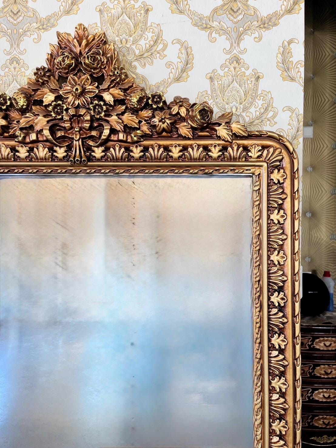 French Baroque Rococo Gold Floor Mirror: Handmade Angel & Flower Detail