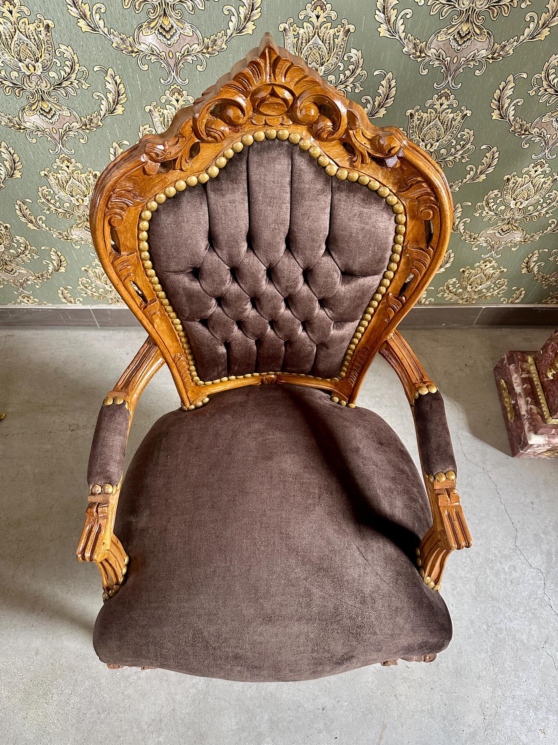 Brown Velvet French Baroque Armchair: Louis XV Style Accent Chair