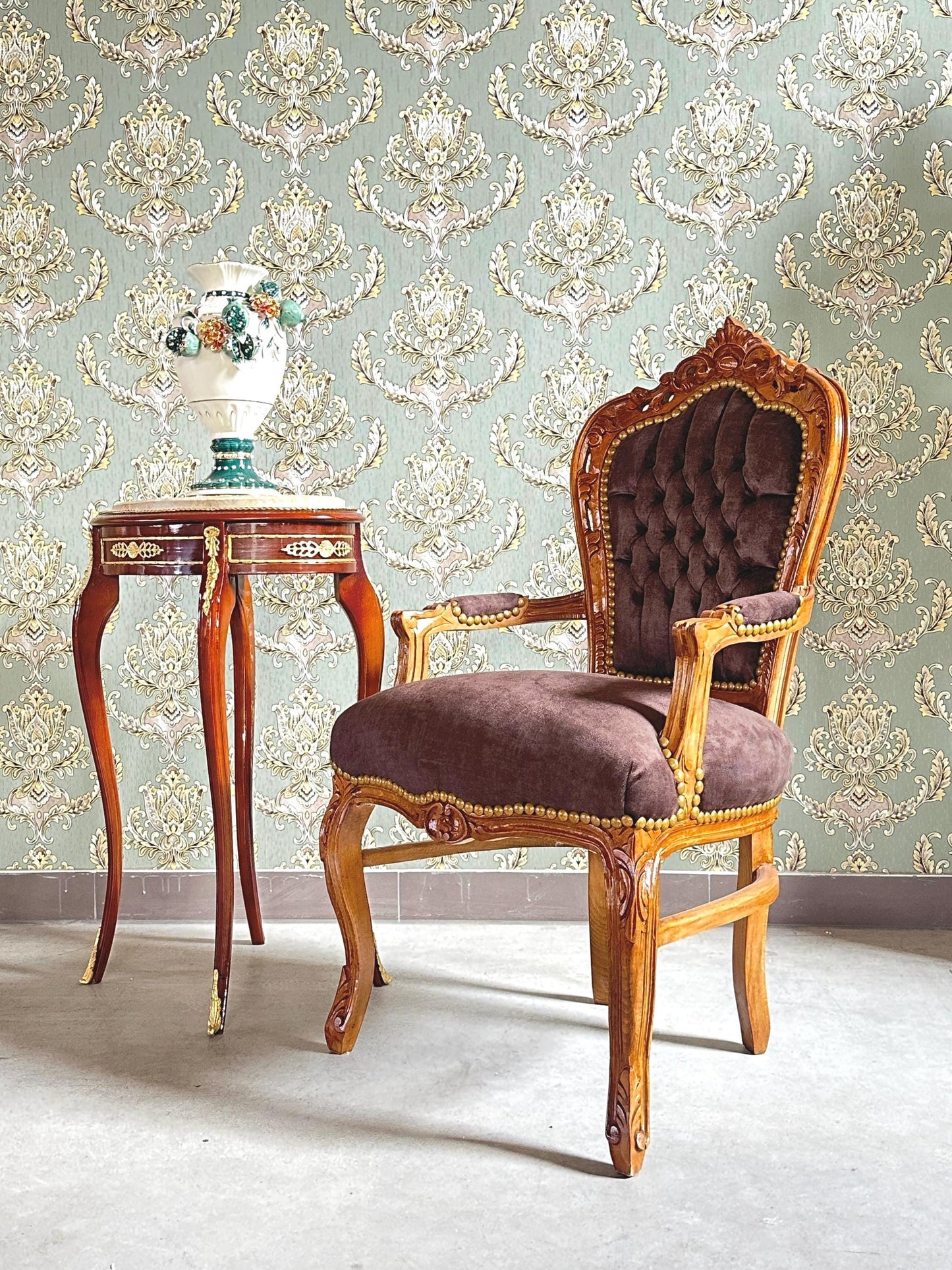 Brown Velvet French Baroque Armchair: Louis XV Style Accent Chair