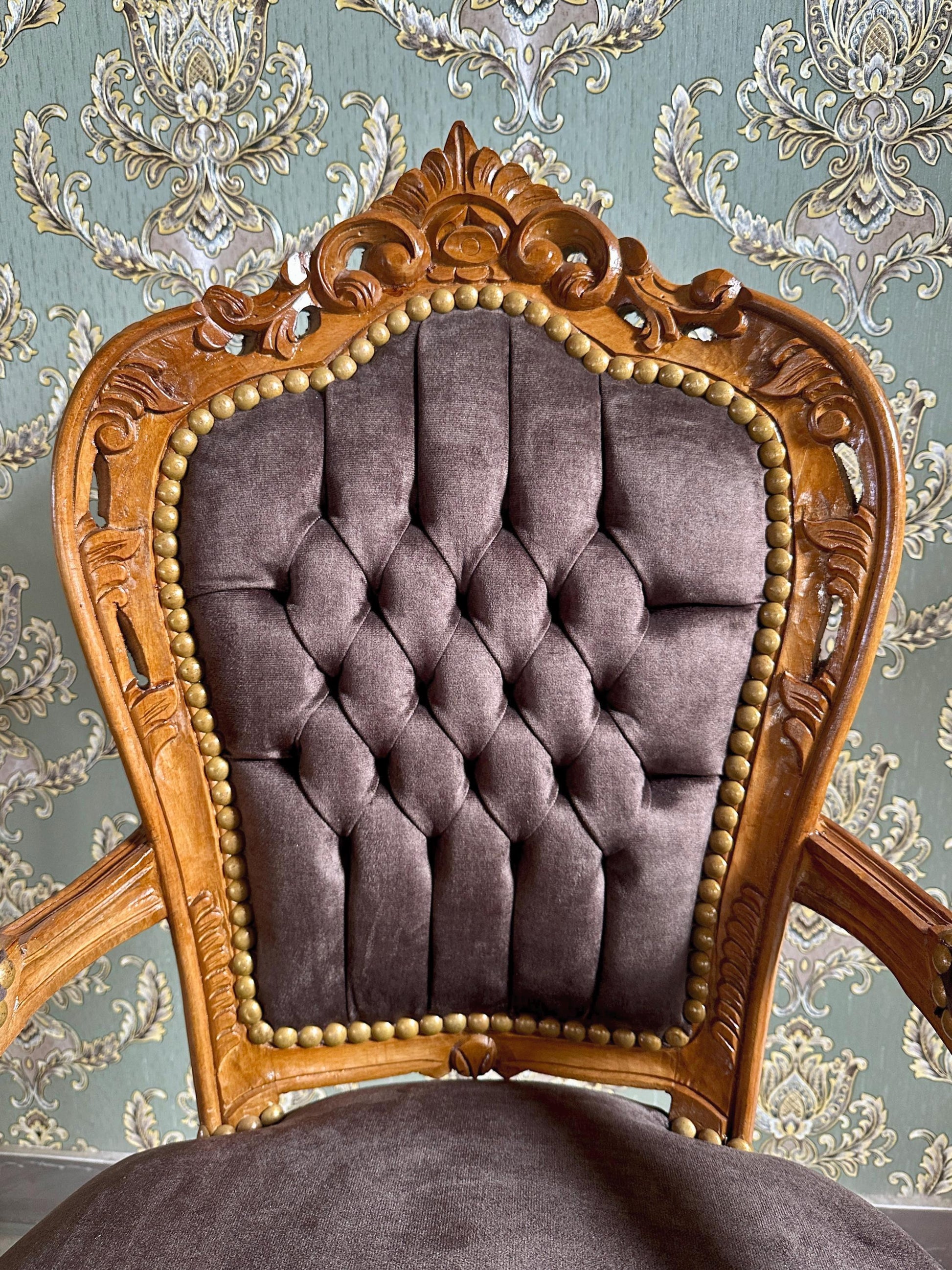 Brown Velvet French Baroque Armchair: Louis XV Style Accent Chair