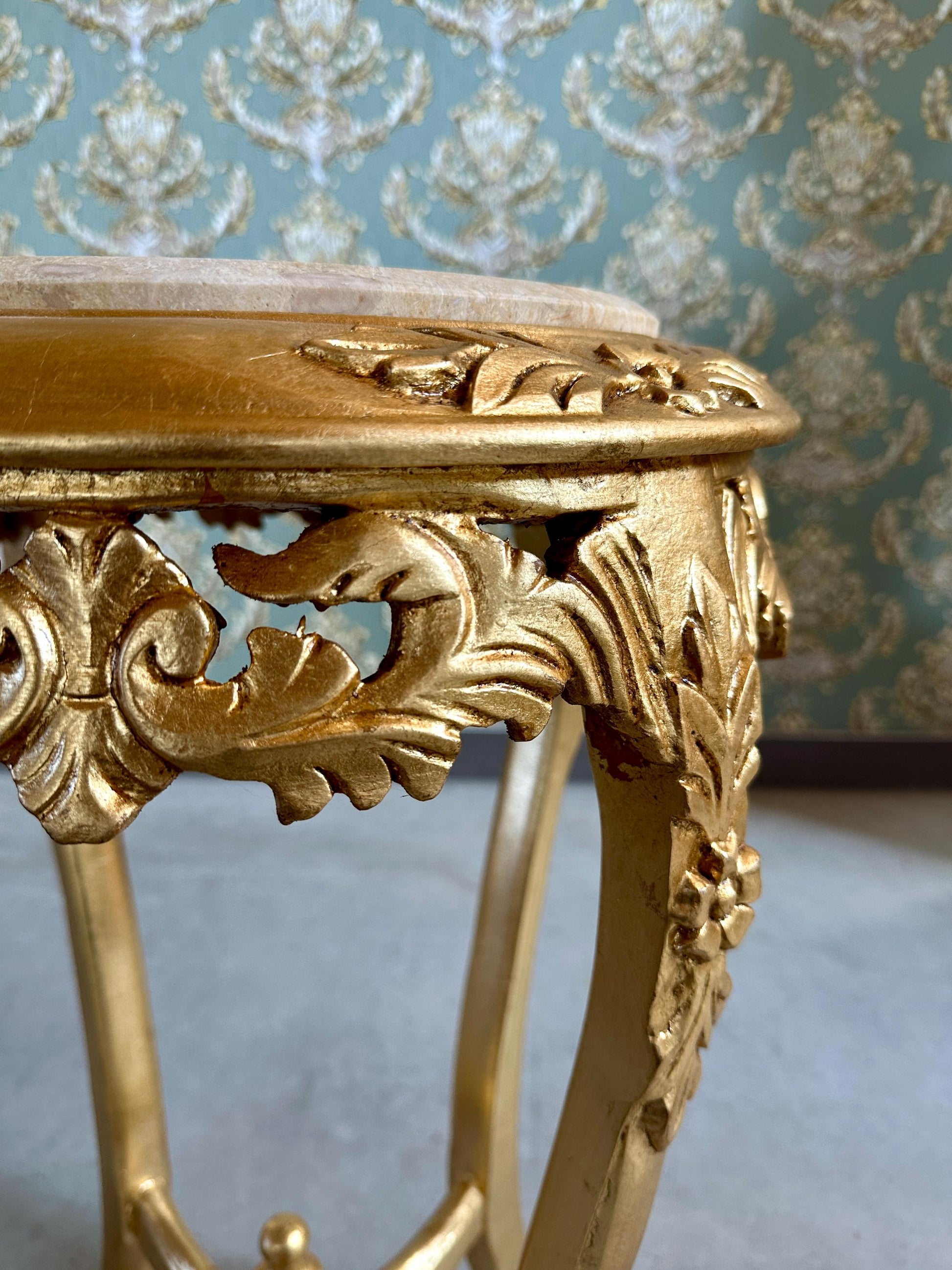 Baroque Rococo Style Marble Top End Table - Gold Finish