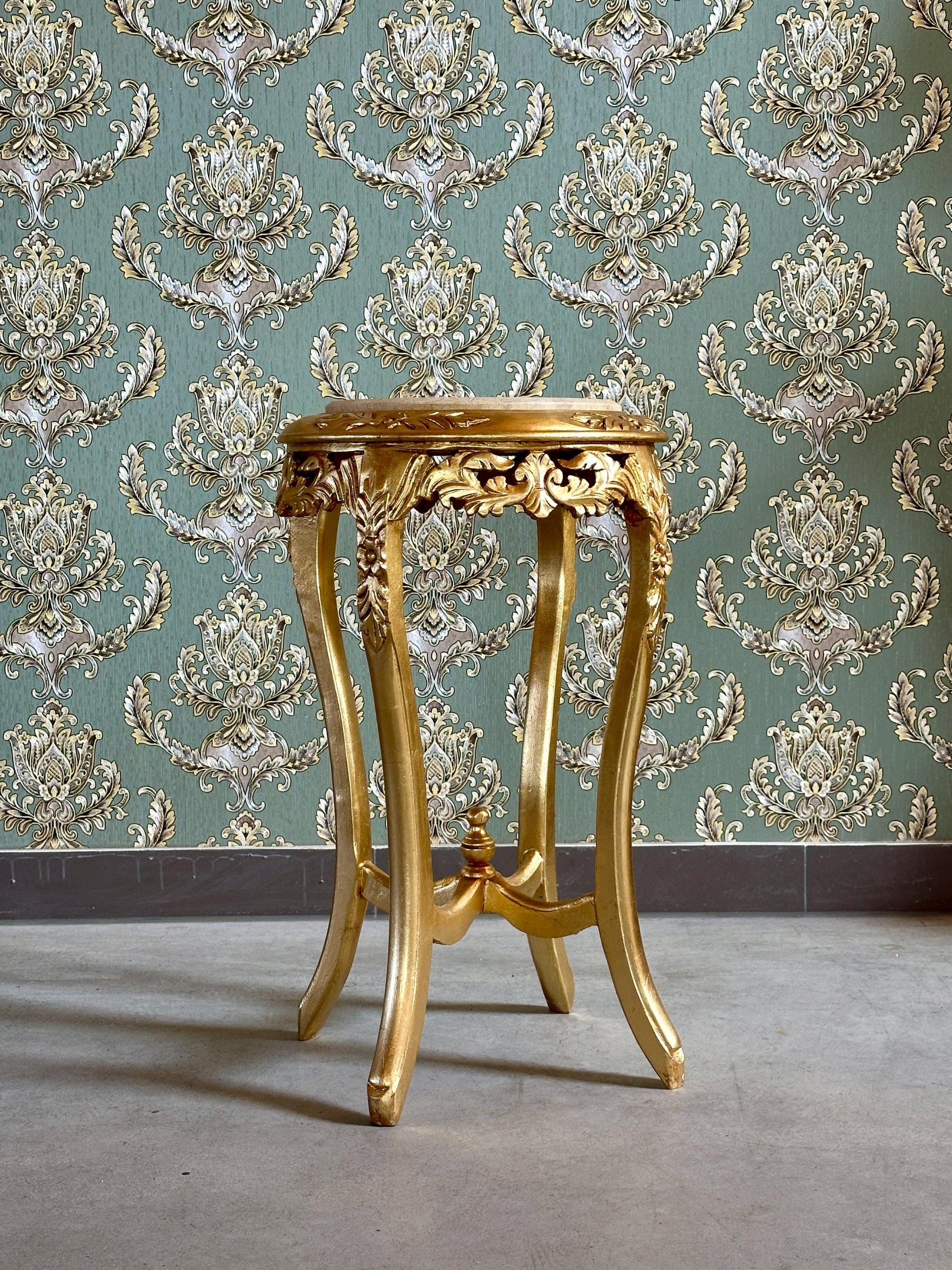 Baroque Rococo Style Marble Top End Table - Gold Finish