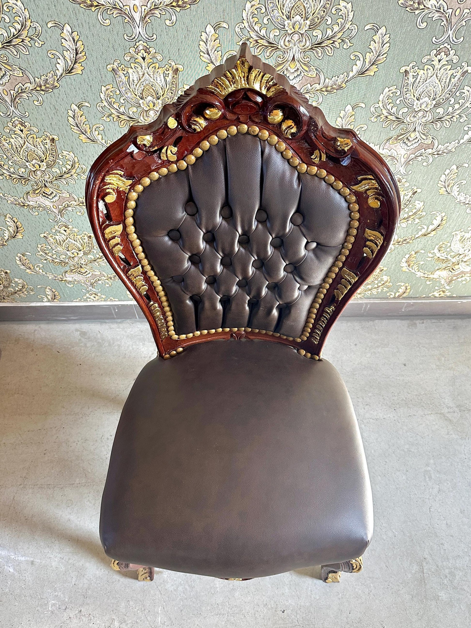 Handmade Louis XV Baroque Chair: Brown Faux Leather Dining Accent