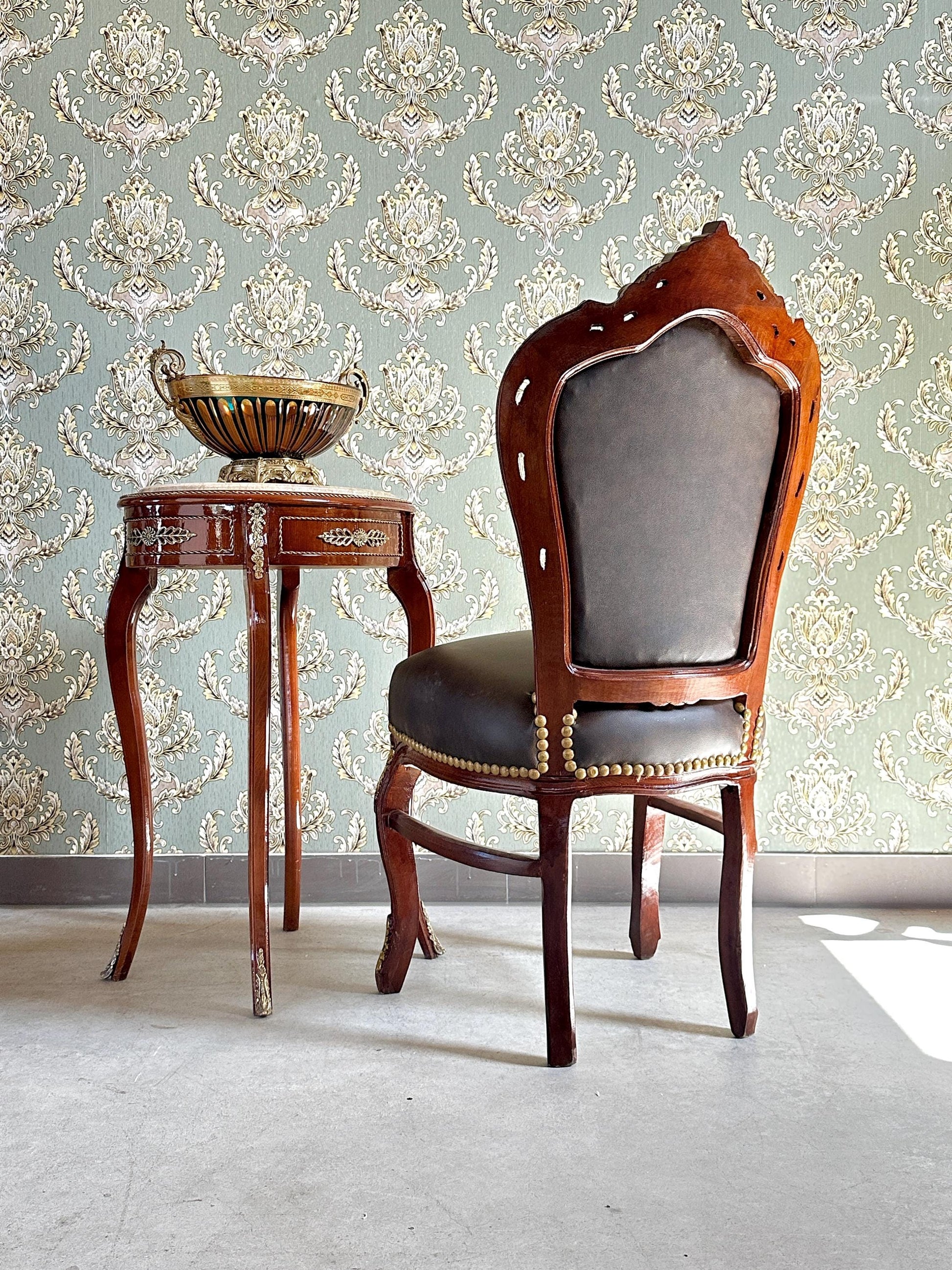 Handmade Louis XV Baroque Chair: Brown Faux Leather Dining Accent