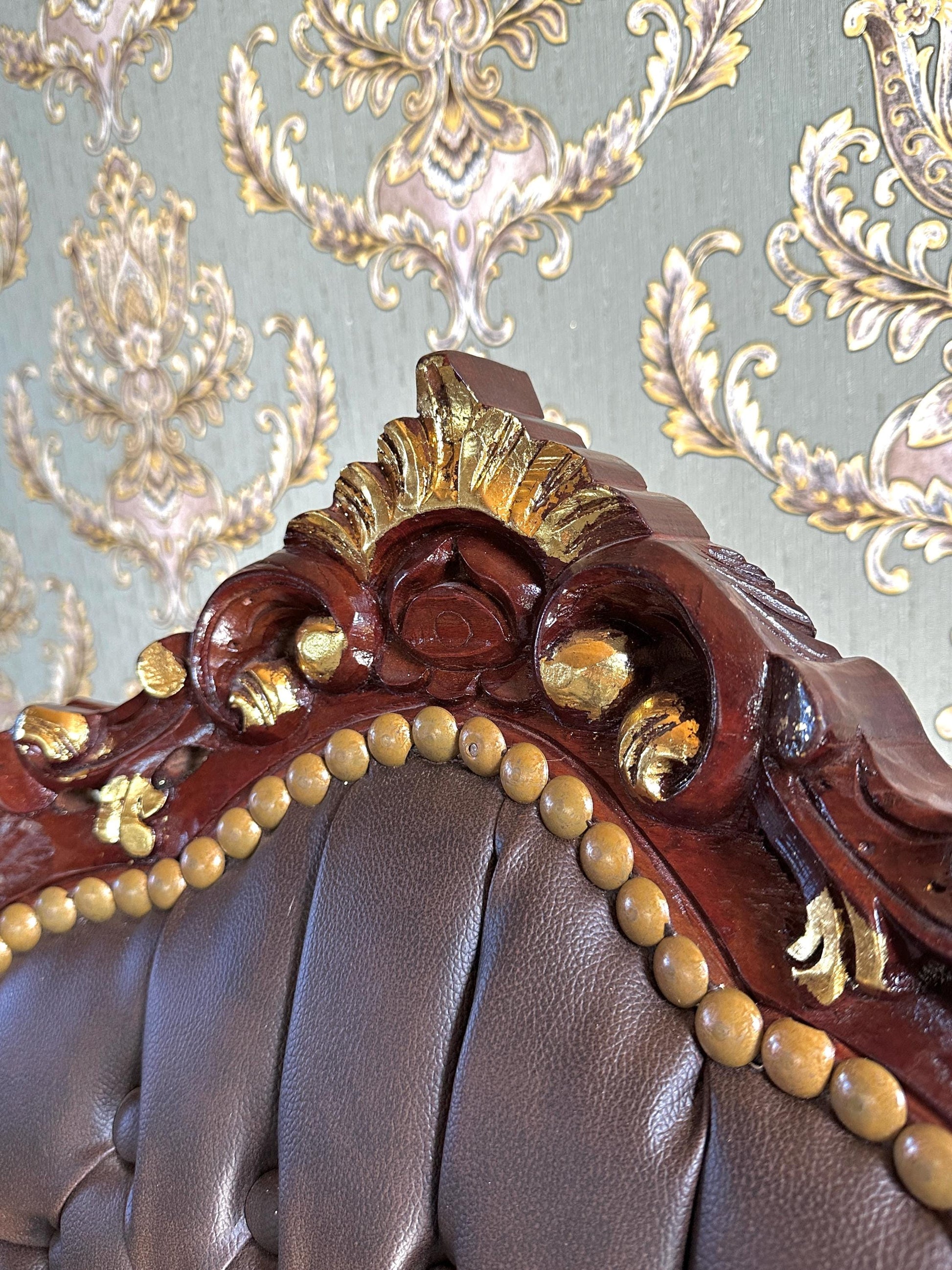 Handmade Louis XV Baroque Chair: Brown Faux Leather Dining Accent