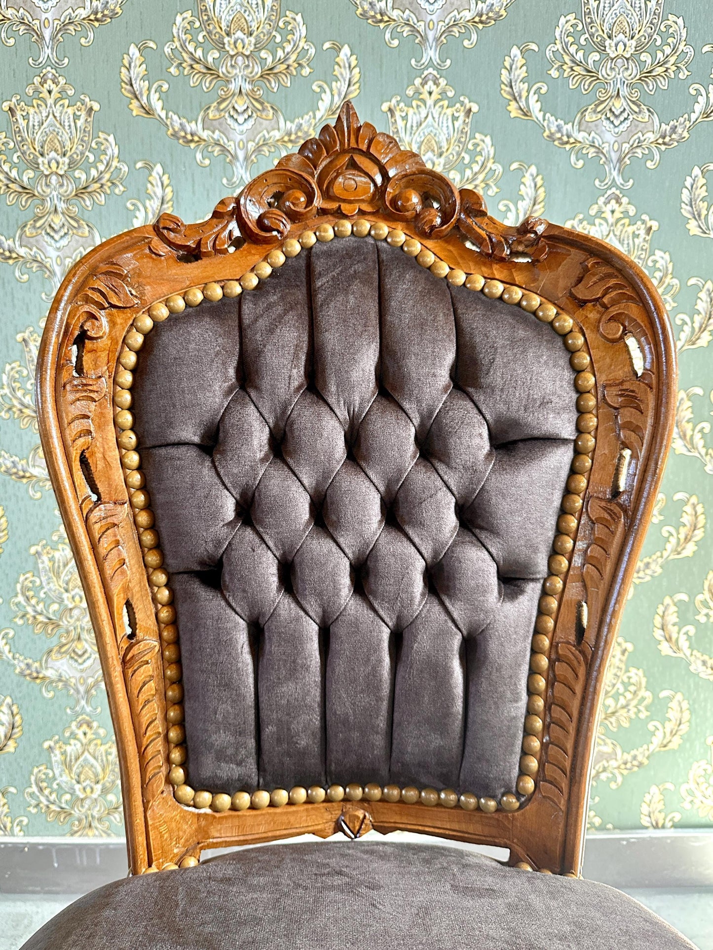 Brown Velvet Accent Chair: French Baroque Style Dining Chair, Tufted Backrest, Wooden Brown Color