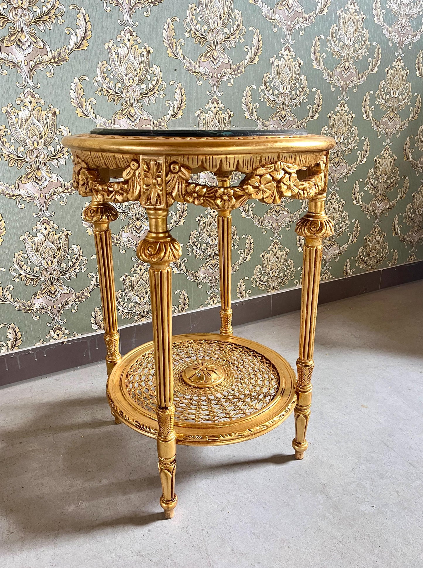 Gold Finish Baroque Side Table: Dark Green Marble Top, Antique Style