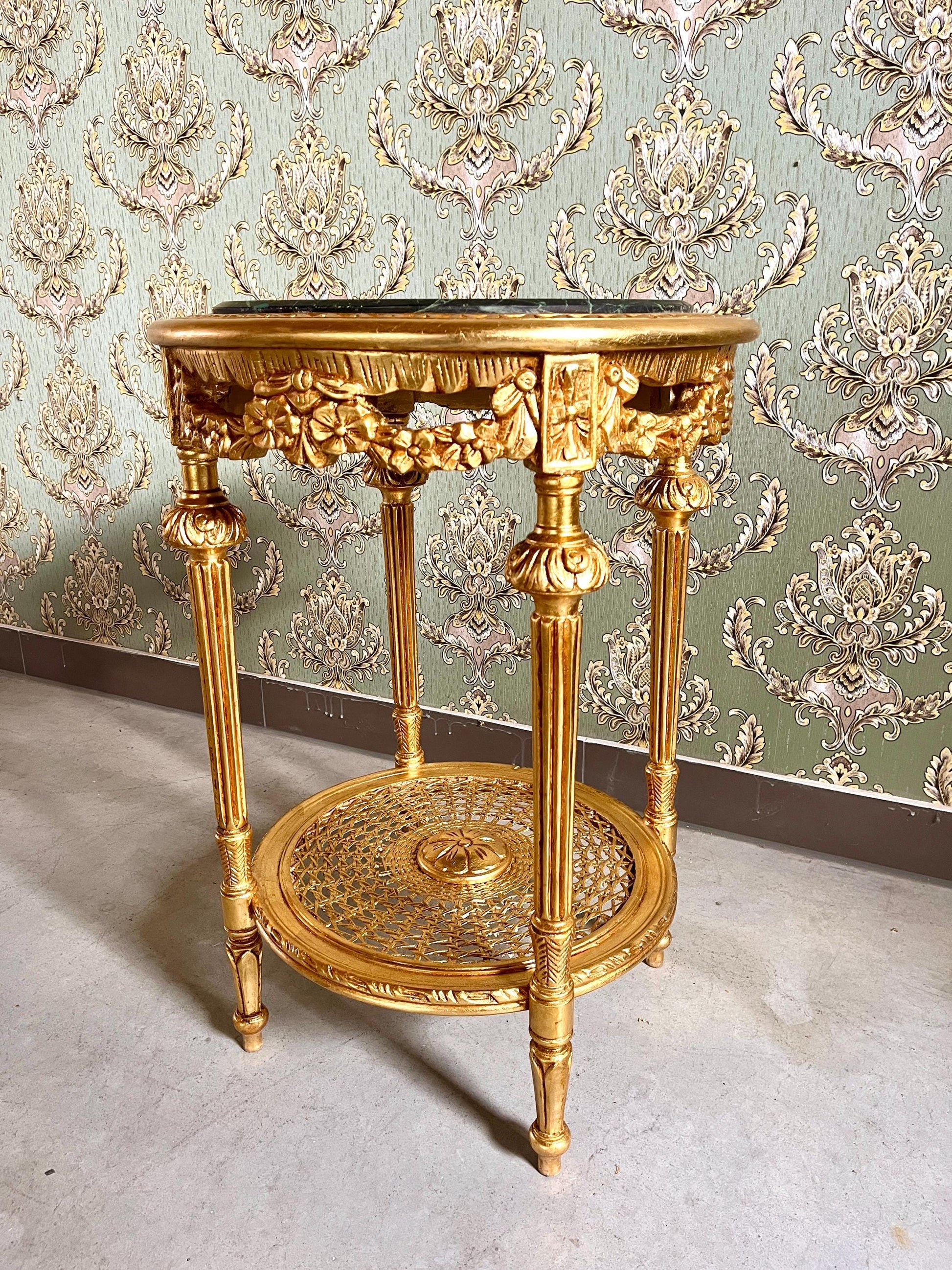 Gold Finish Baroque Side Table: Dark Green Marble Top, Antique Style