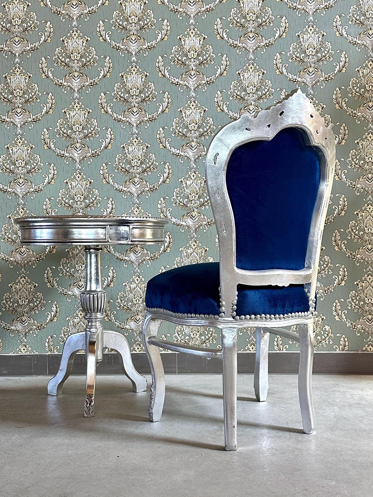 Accent Chair Blue Velvet French Baroque Antique Style Dining Chair Velvet Purple in Silver Finish for Home Decor