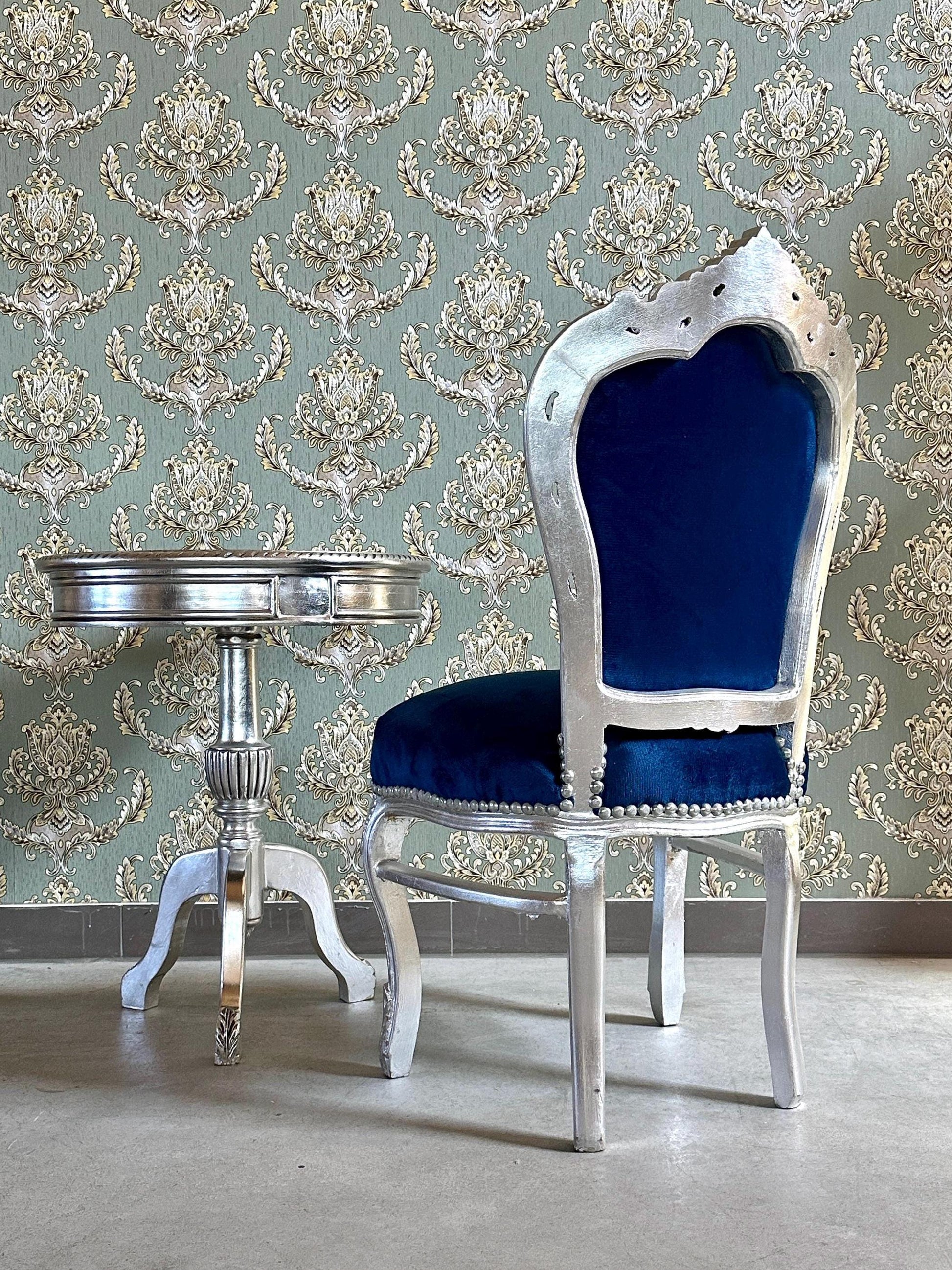 Accent Chair Blue Velvet French Baroque Antique Style Dining Chair Velvet Purple in Silver Finish for Home Decor