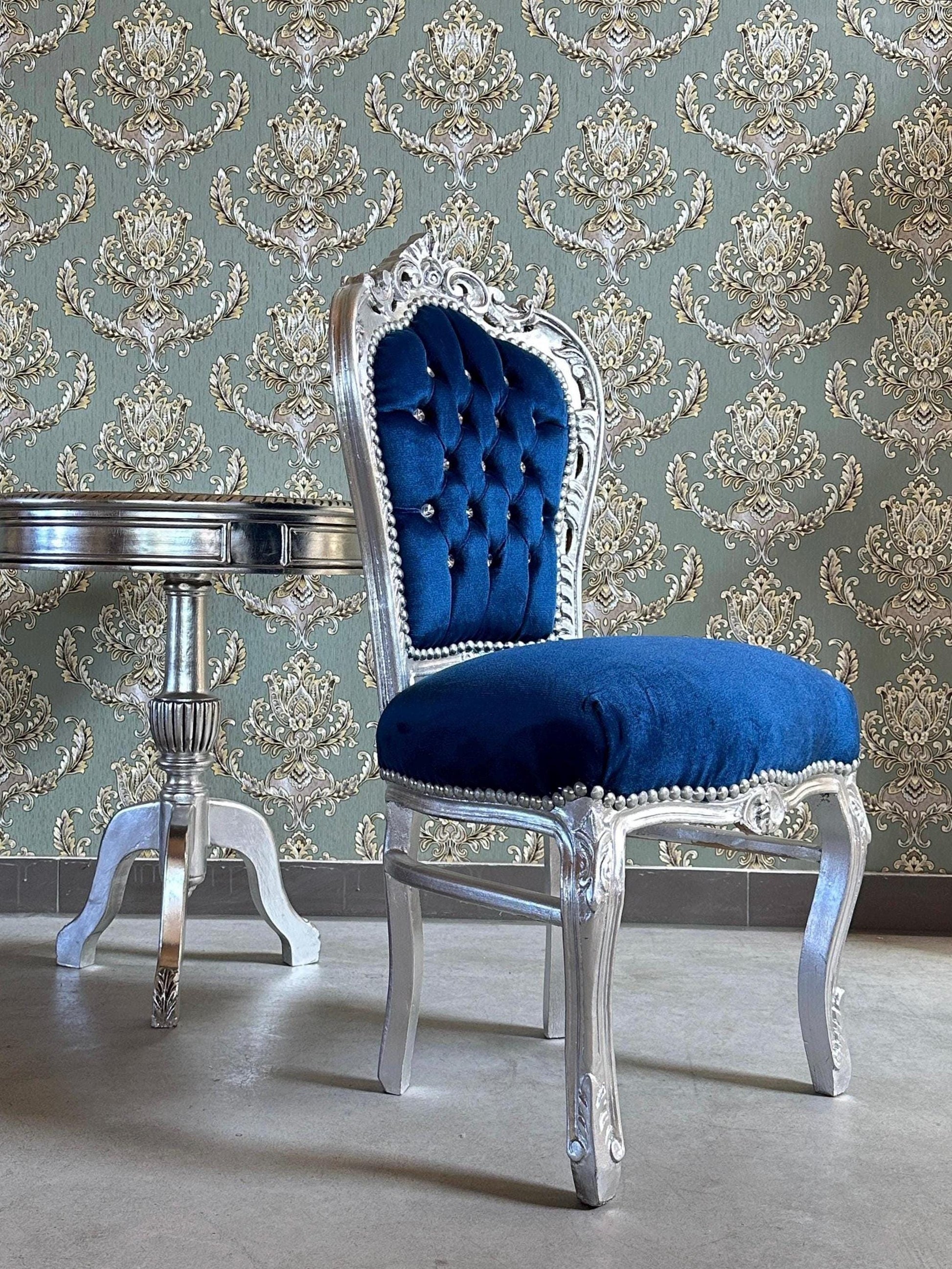 Accent Chair Blue Velvet French Baroque Antique Style Dining Chair Velvet Purple in Silver Finish for Home Decor