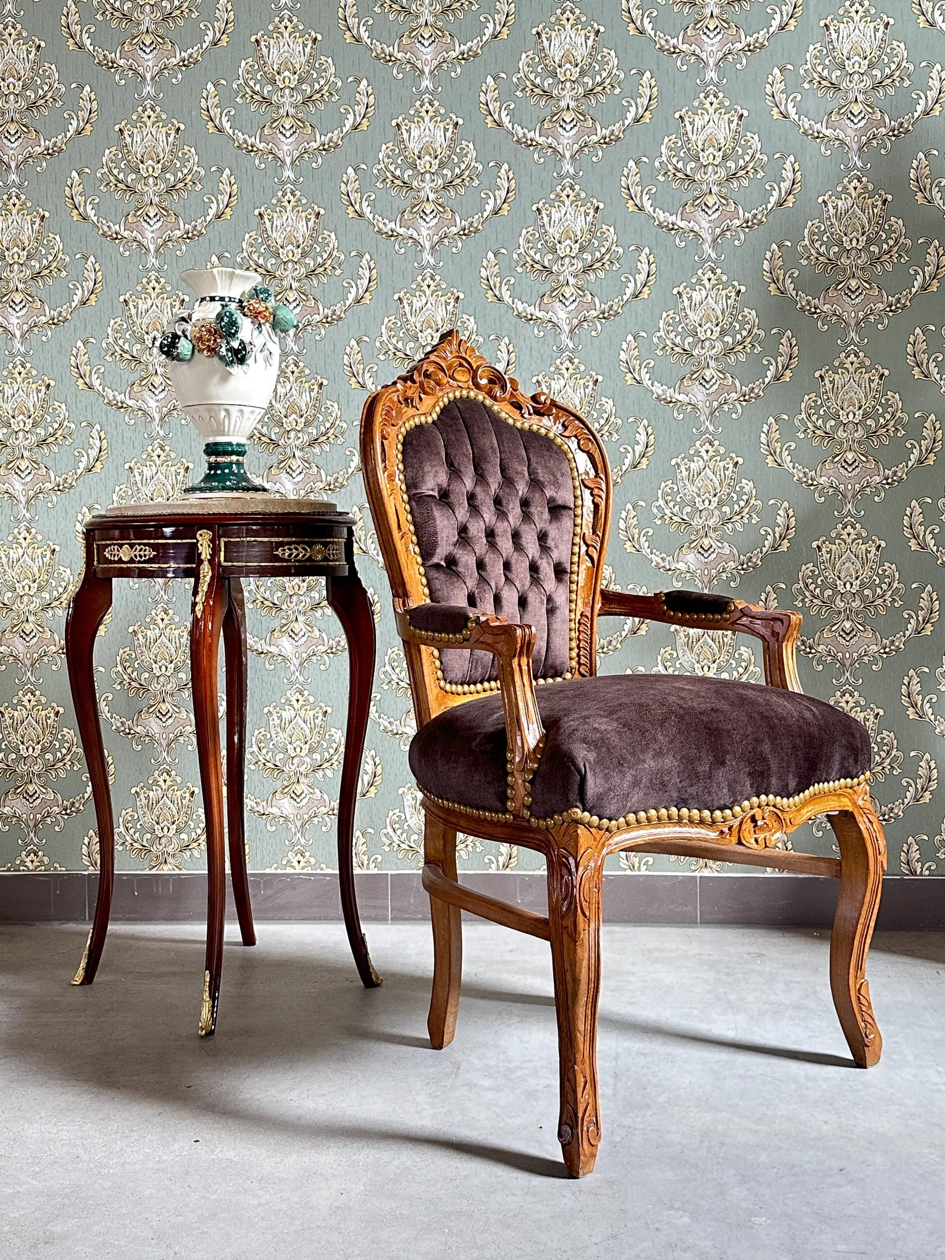 Brown Velvet French Baroque Armchair: Louis XV Style Accent Chair
