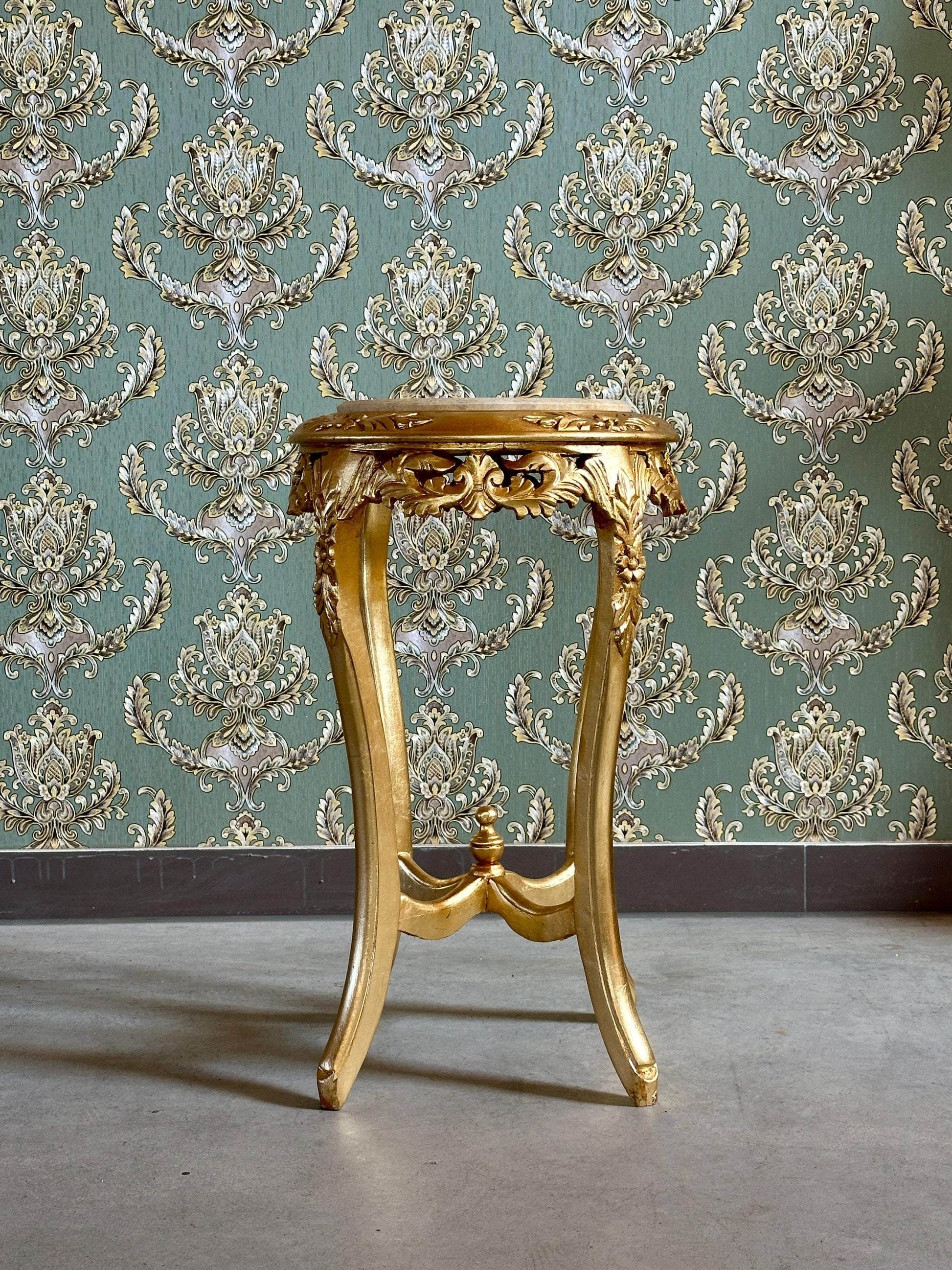 Baroque Rococo Style Marble Top End Table - Gold Finish