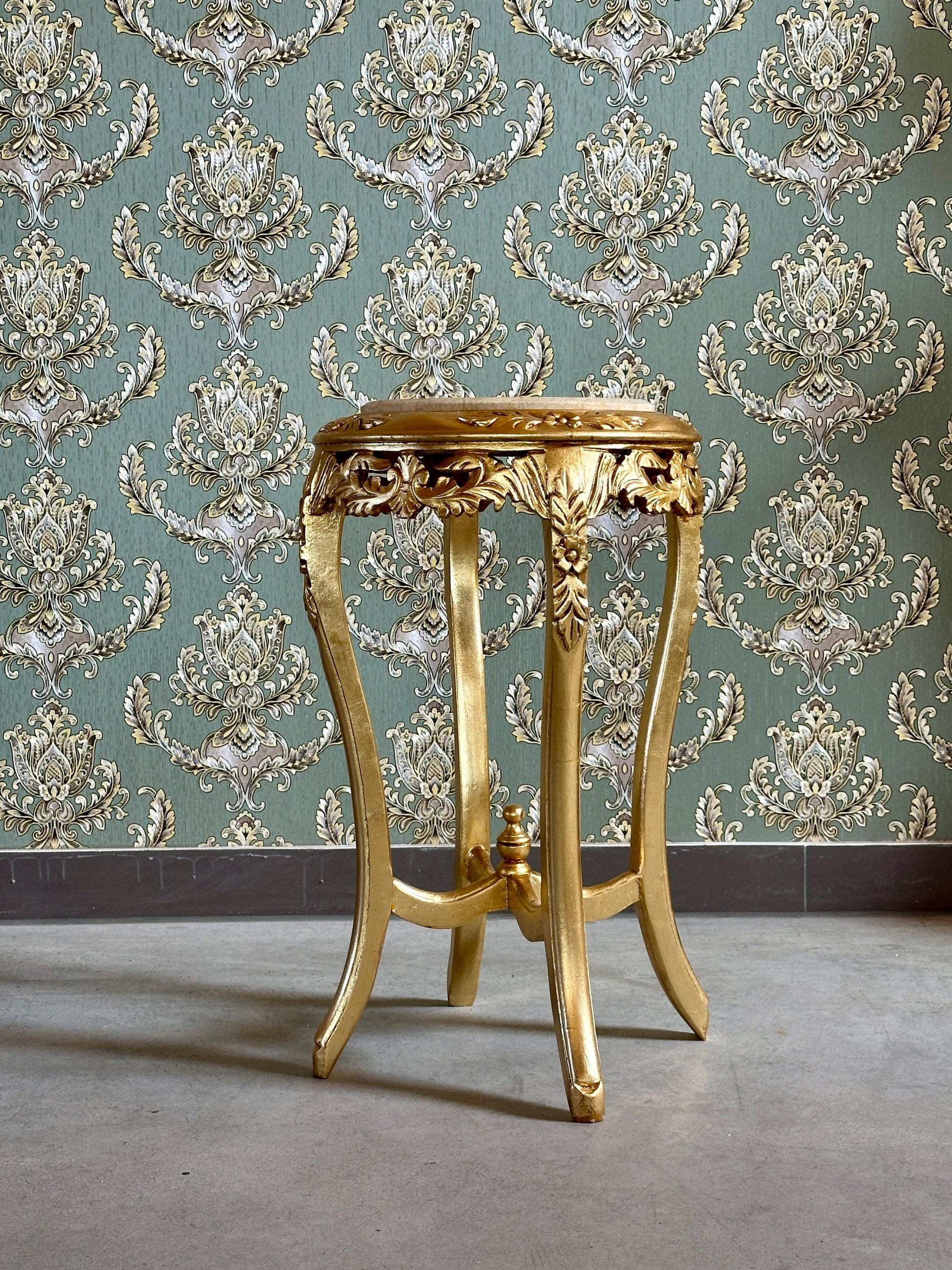 Baroque Rococo Style Marble Top End Table - Gold Finish