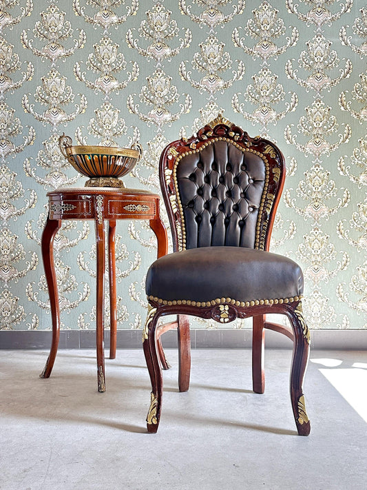 Handmade Louis XV Baroque Chair: Brown Faux Leather Dining Accent