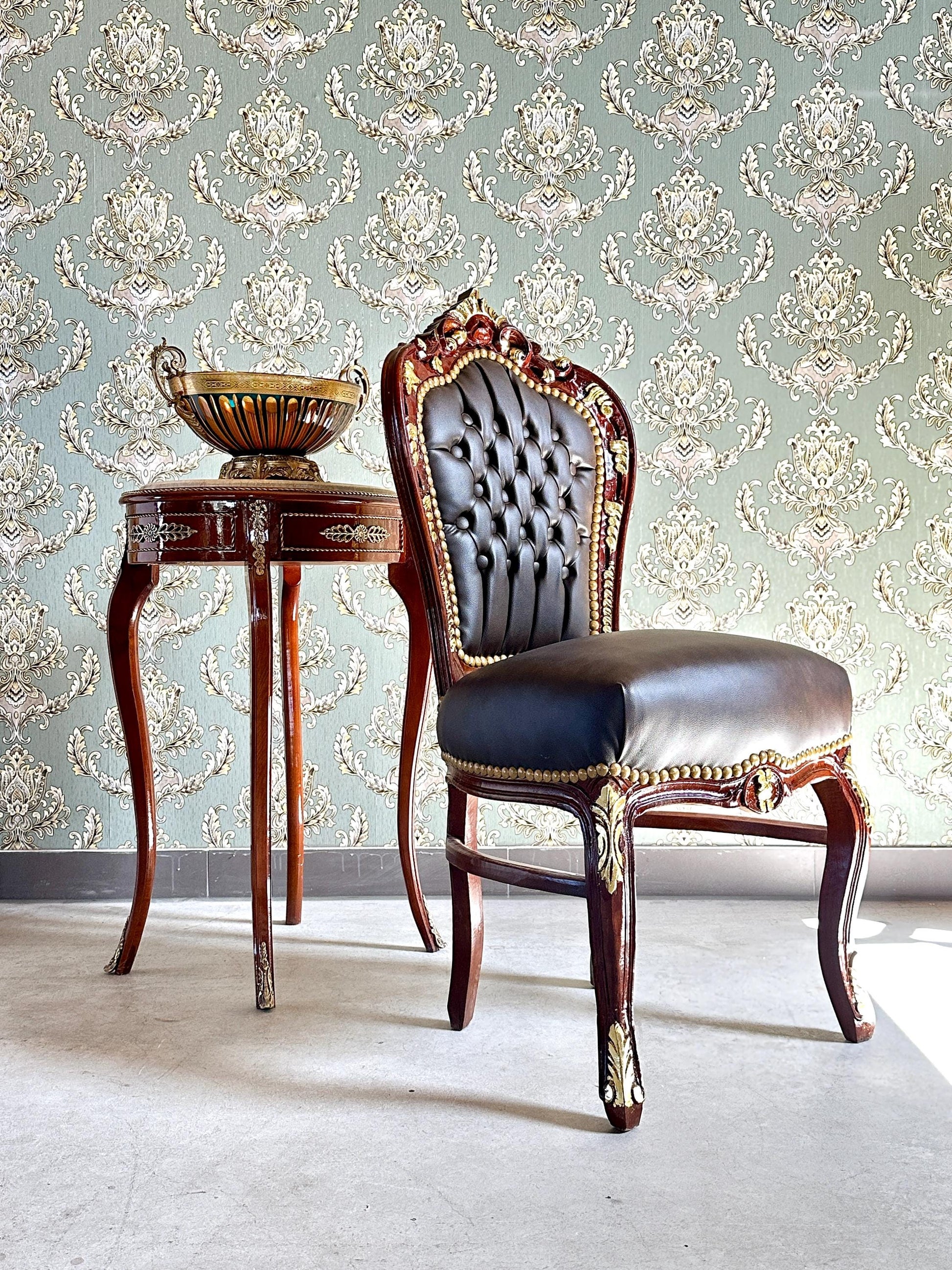 Handmade Louis XV Baroque Chair: Brown Faux Leather Dining Accent
