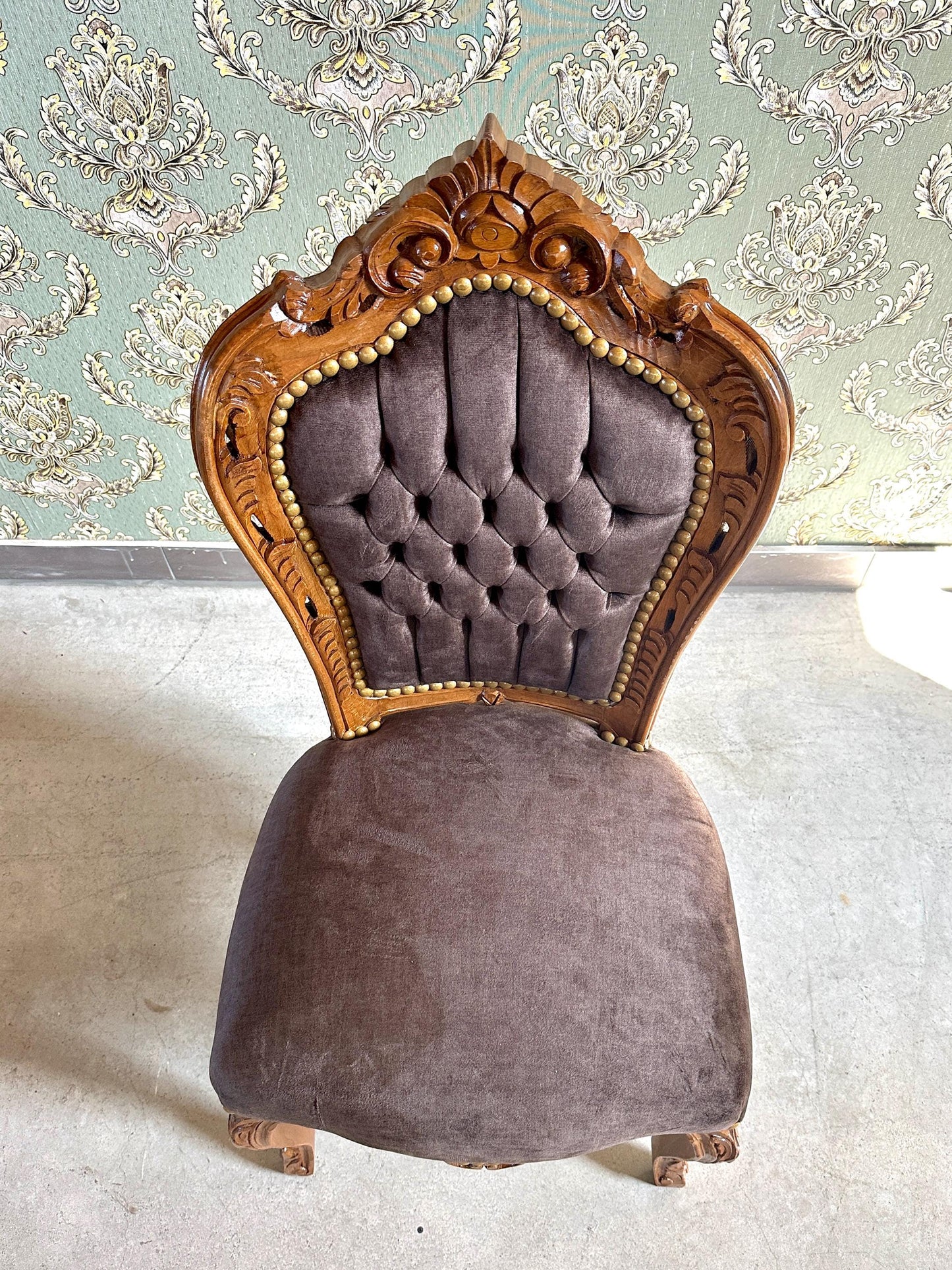 Brown Velvet Accent Chair: French Baroque Style Dining Chair, Tufted Backrest, Wooden Brown Color