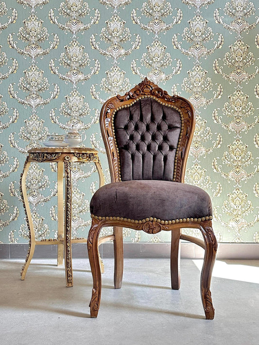 Brown Velvet Accent Chair: French Baroque Style Dining Chair, Tufted Backrest, Wooden Brown Color