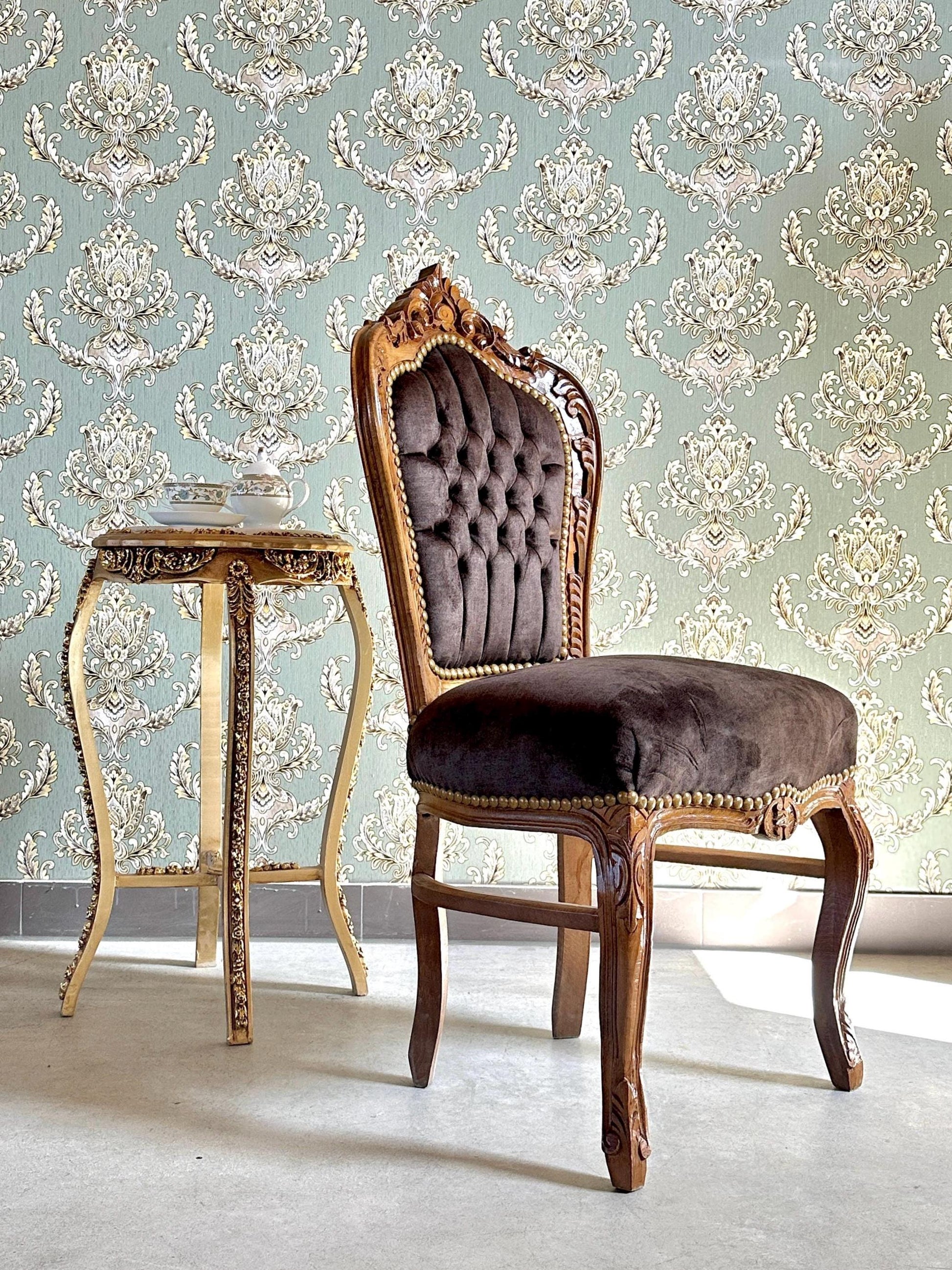 Brown Velvet Accent Chair: French Baroque Style Dining Chair, Tufted Backrest, Wooden Brown Color