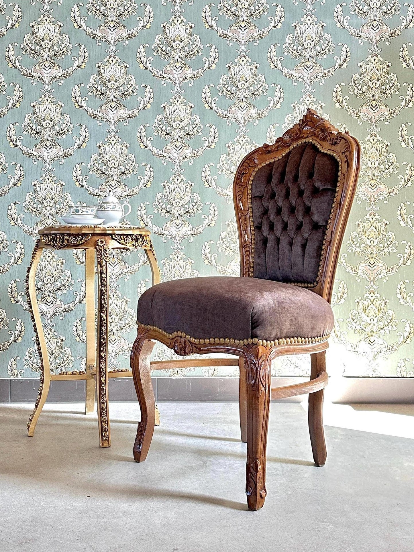 Brown Velvet Accent Chair: French Baroque Style Dining Chair, Tufted Backrest, Wooden Brown Color