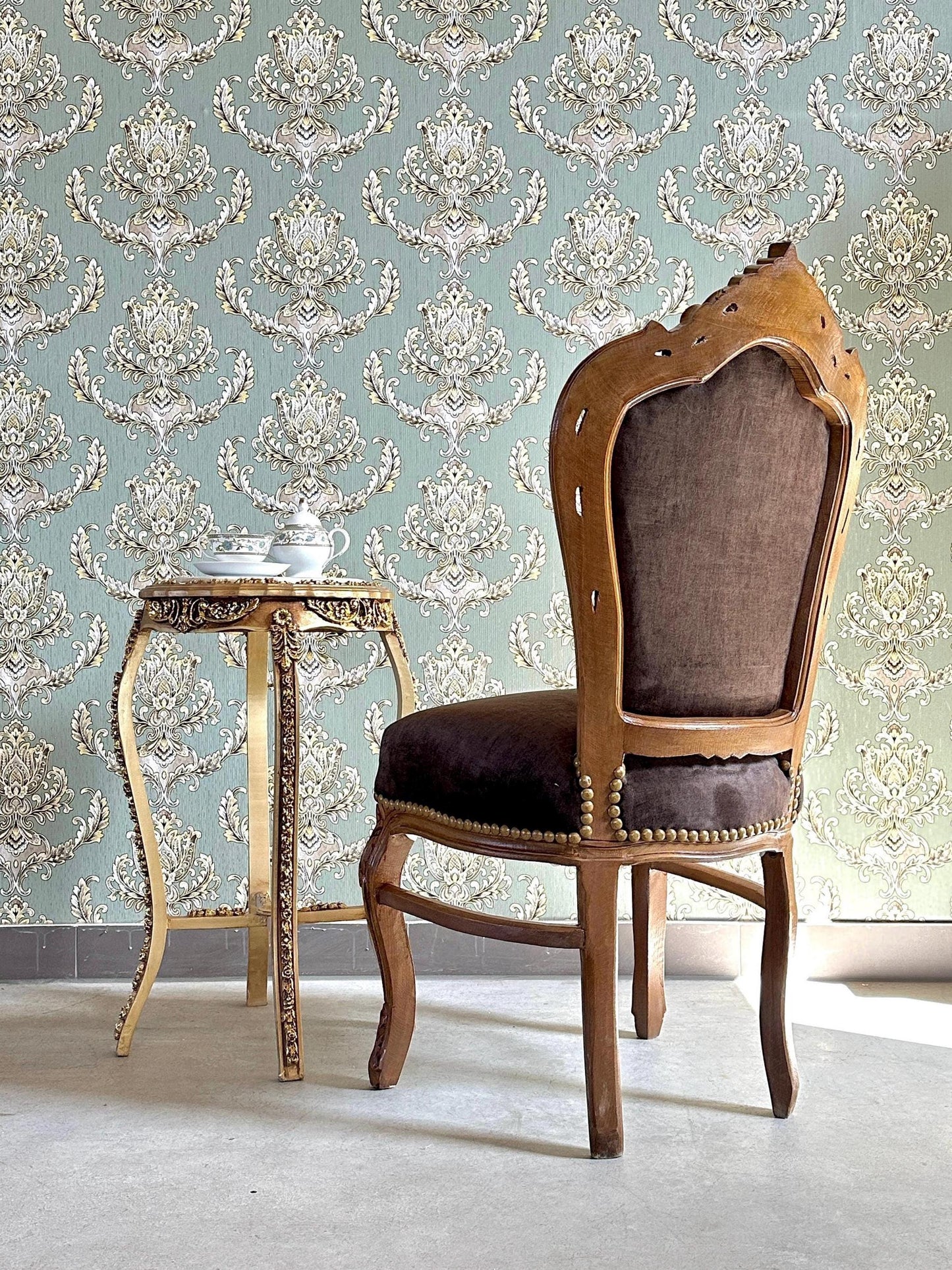 Brown Velvet Accent Chair: French Baroque Style Dining Chair, Tufted Backrest, Wooden Brown Color