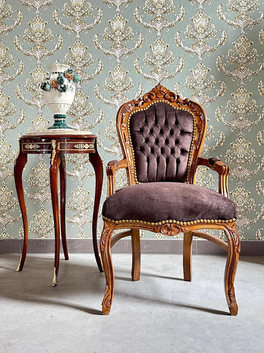 Brown Velvet French Baroque Armchair: Louis XV Style Accent Chair