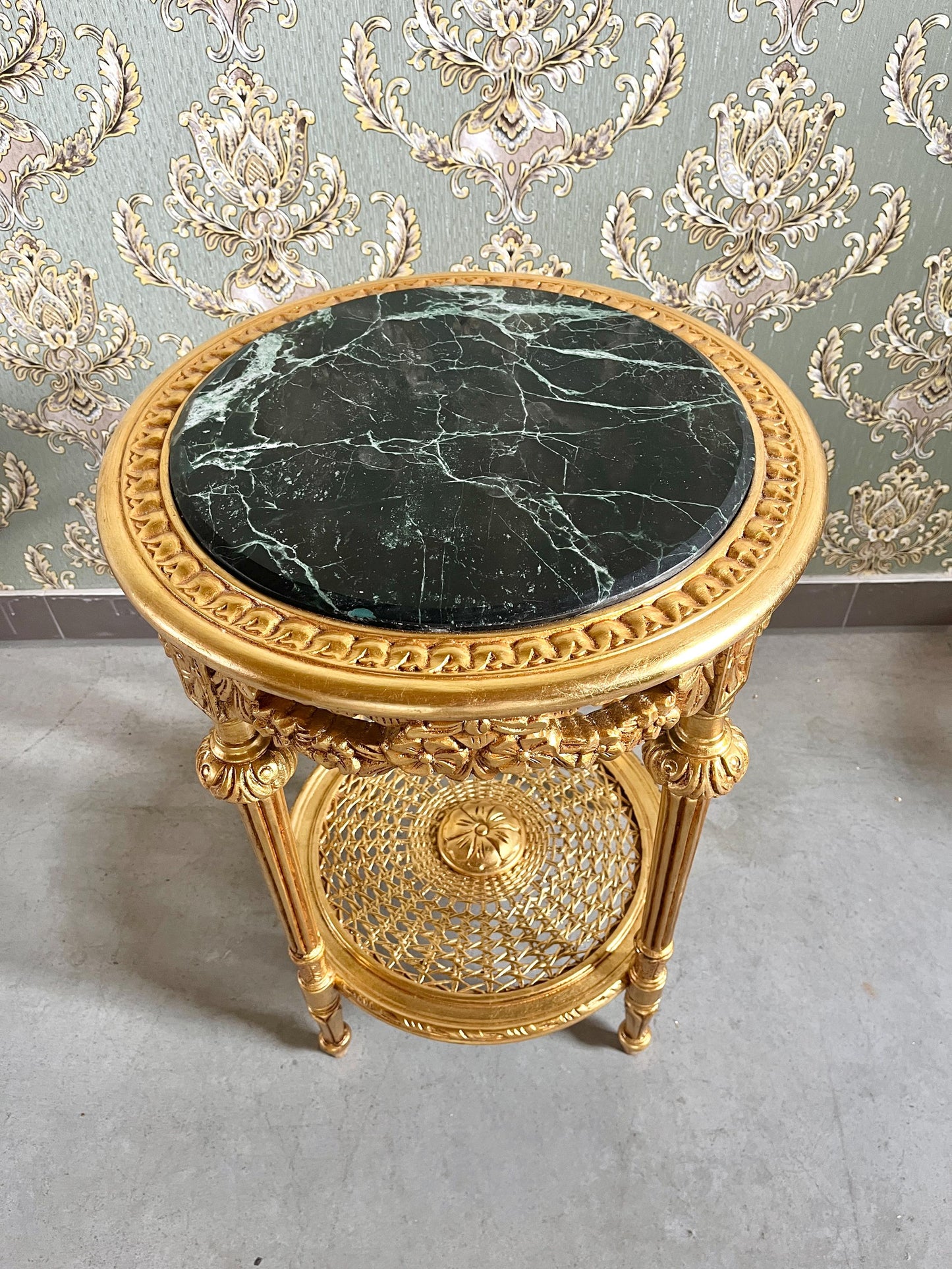 Gold Finish Baroque Side Table: Dark Green Marble Top, Antique Style
