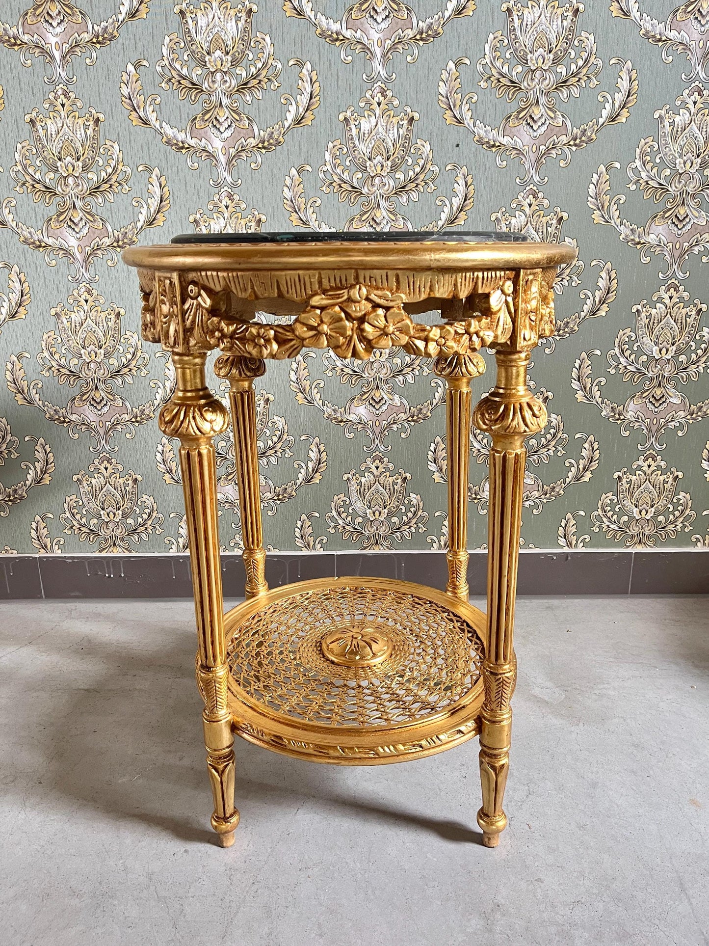 Gold Finish Baroque Side Table: Dark Green Marble Top, Antique Style