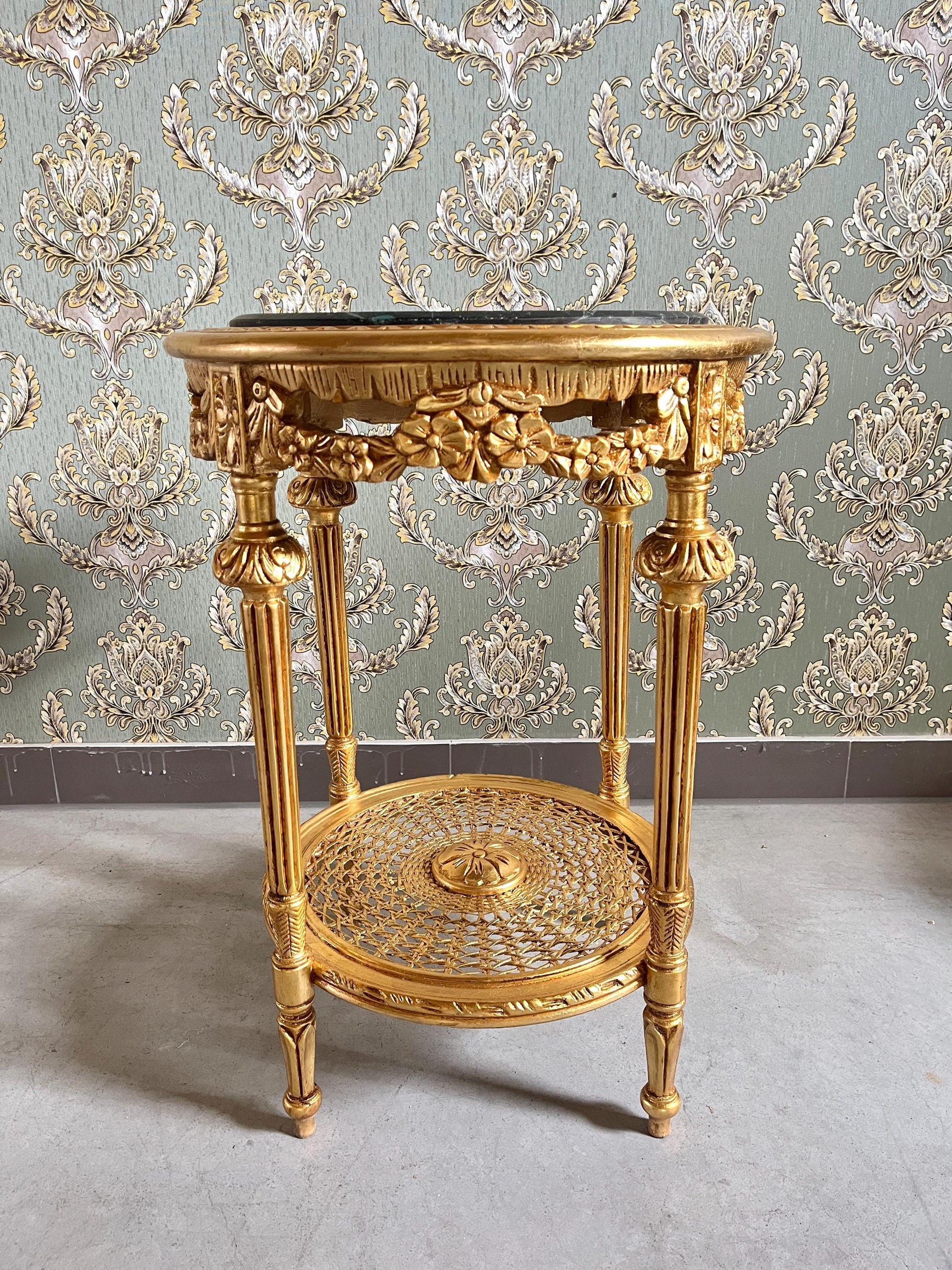 Gold Finish Baroque Side Table: Dark Green Marble Top, Antique Style