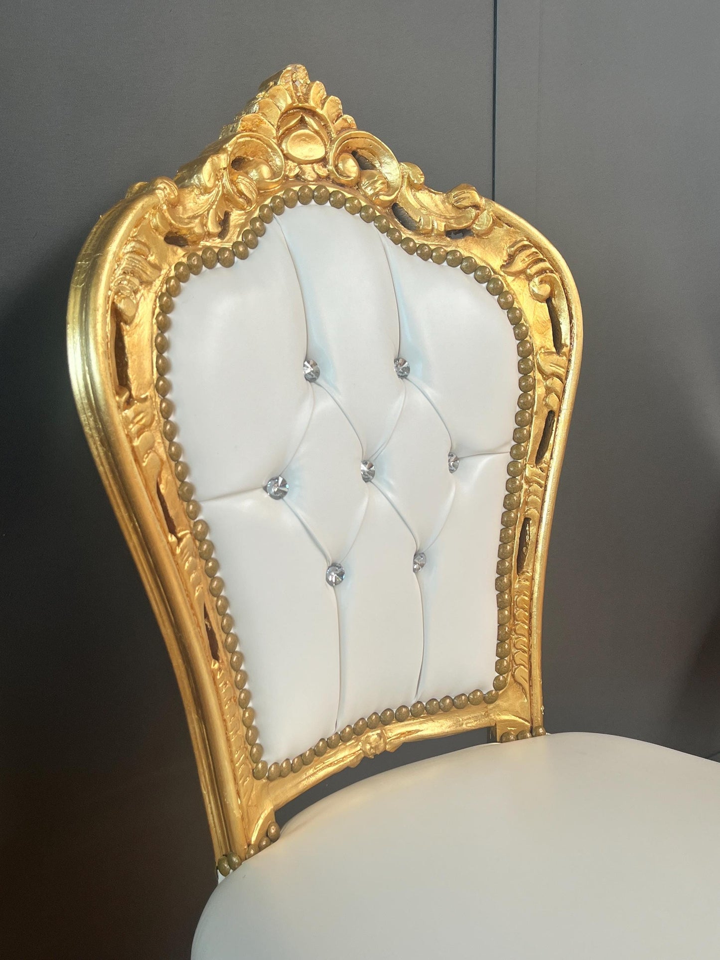 White Faux Leather Rococo Accent Chair: Gold Finish, Crystal Backrest